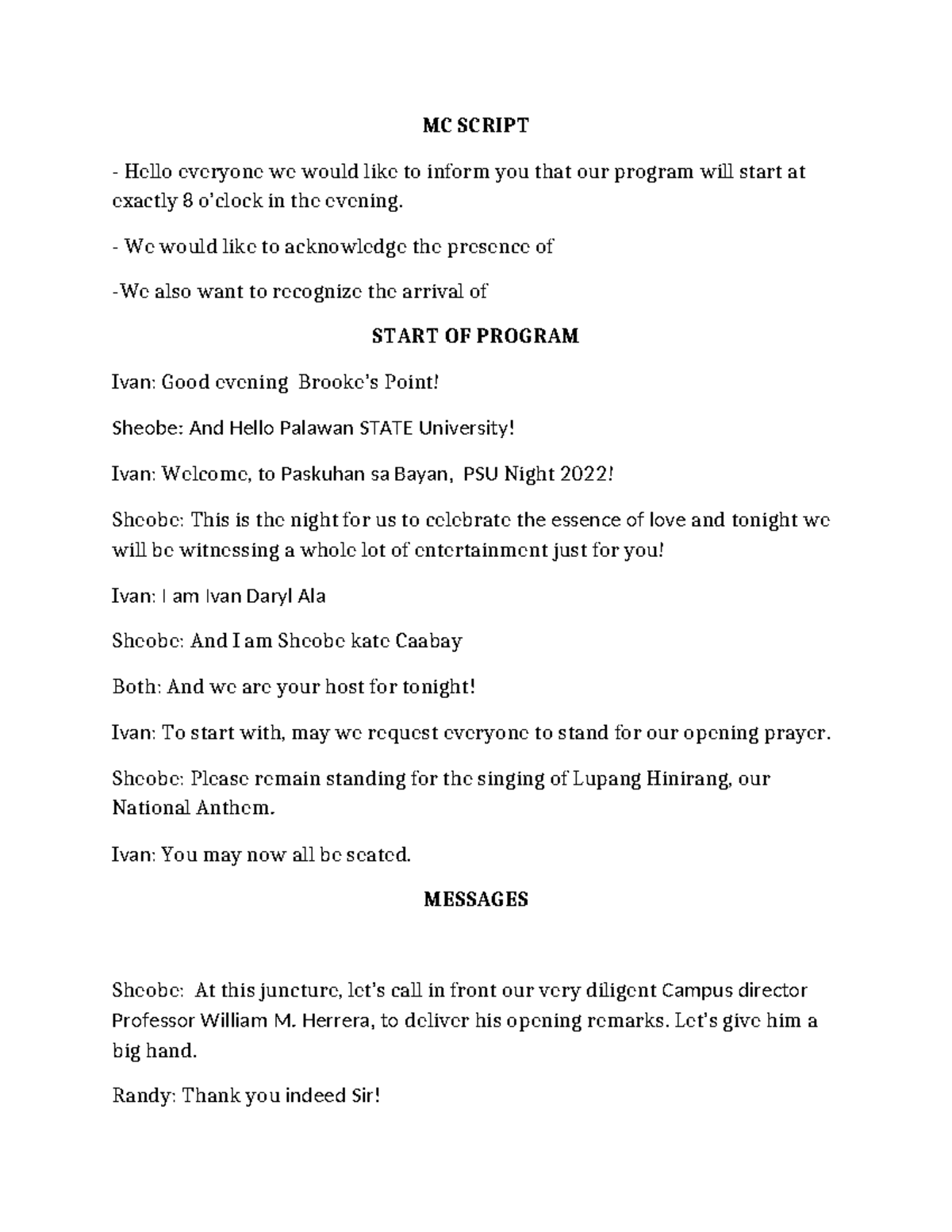 Final Script PSU Night - MC SCRIPT Hello everyone we would like to ...
