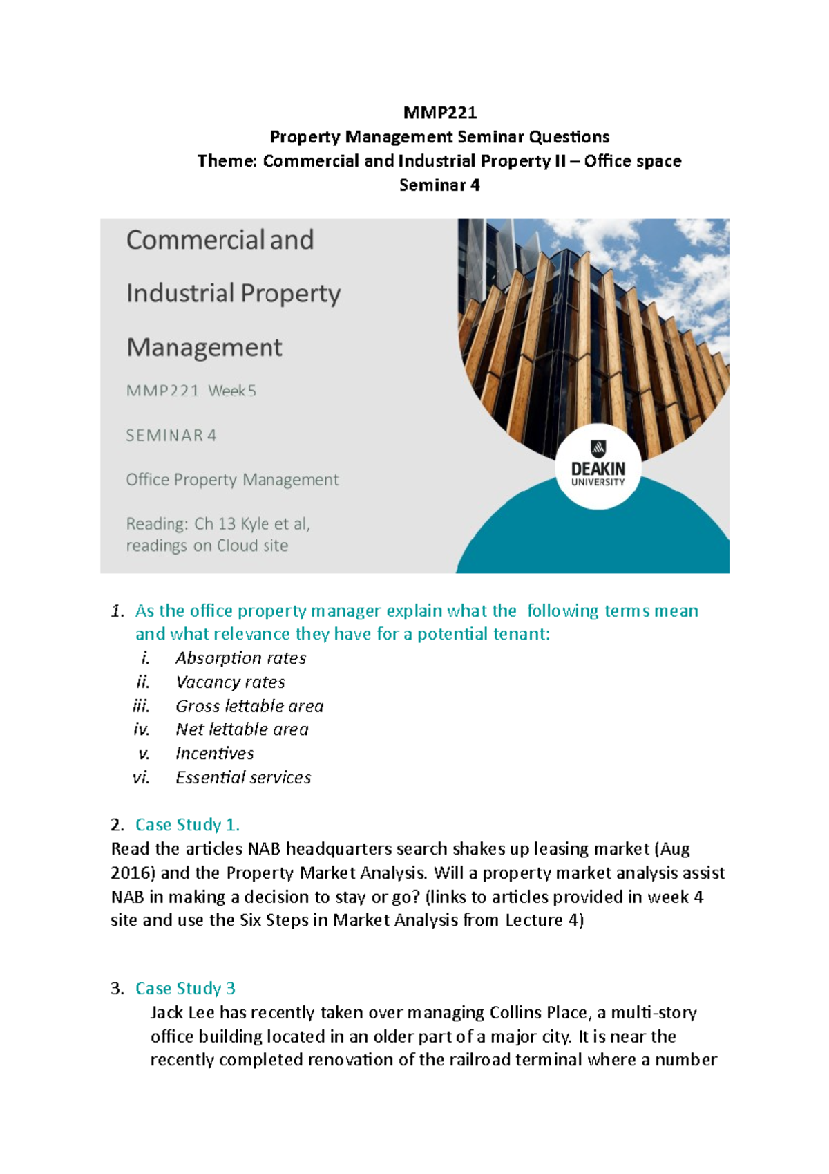 MMP221 Seminar 4 Questions Commercial and Industrial I Office questions