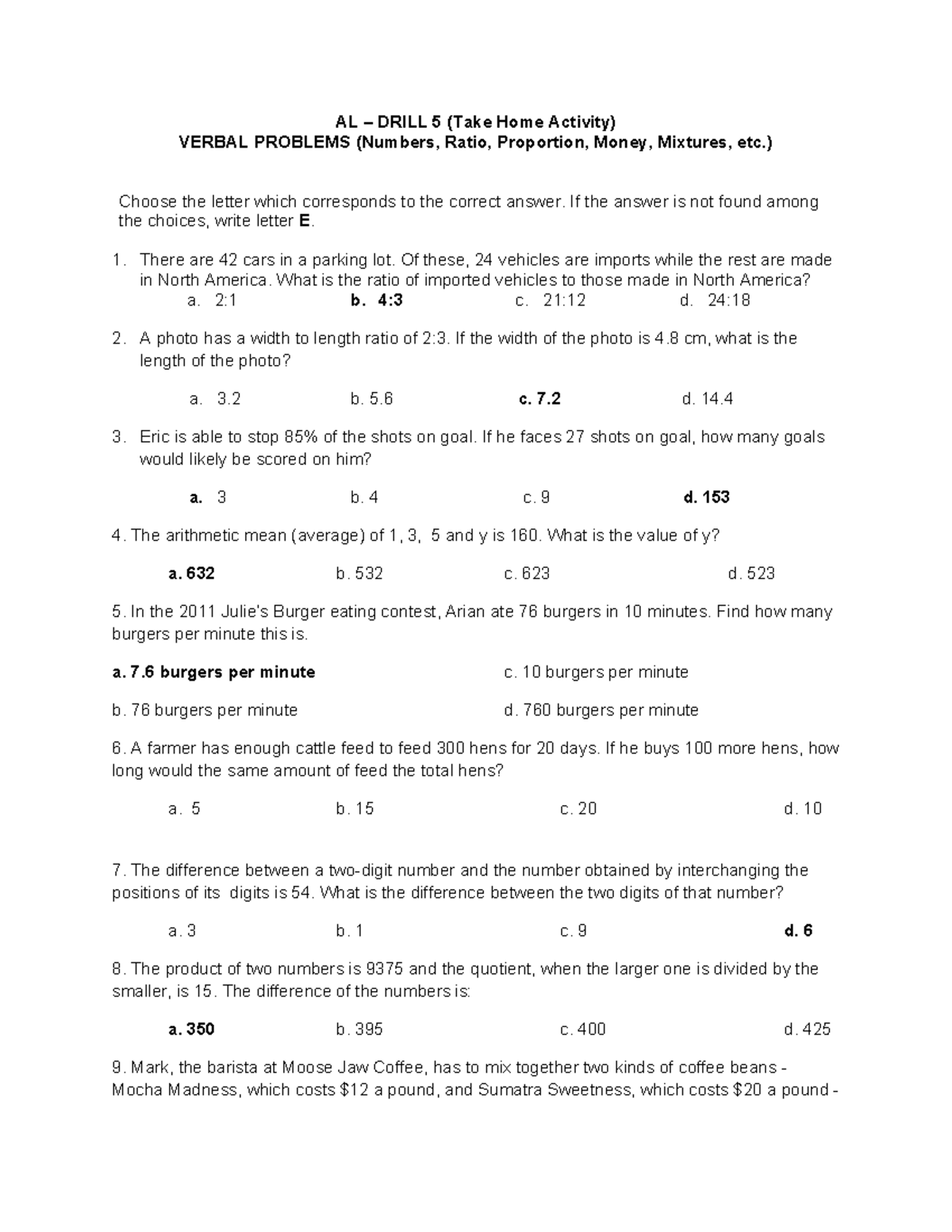AL 5 TH - AL – DRILL 5 (Take Home Activity) VERBAL PROBLEMS (Numbers ...