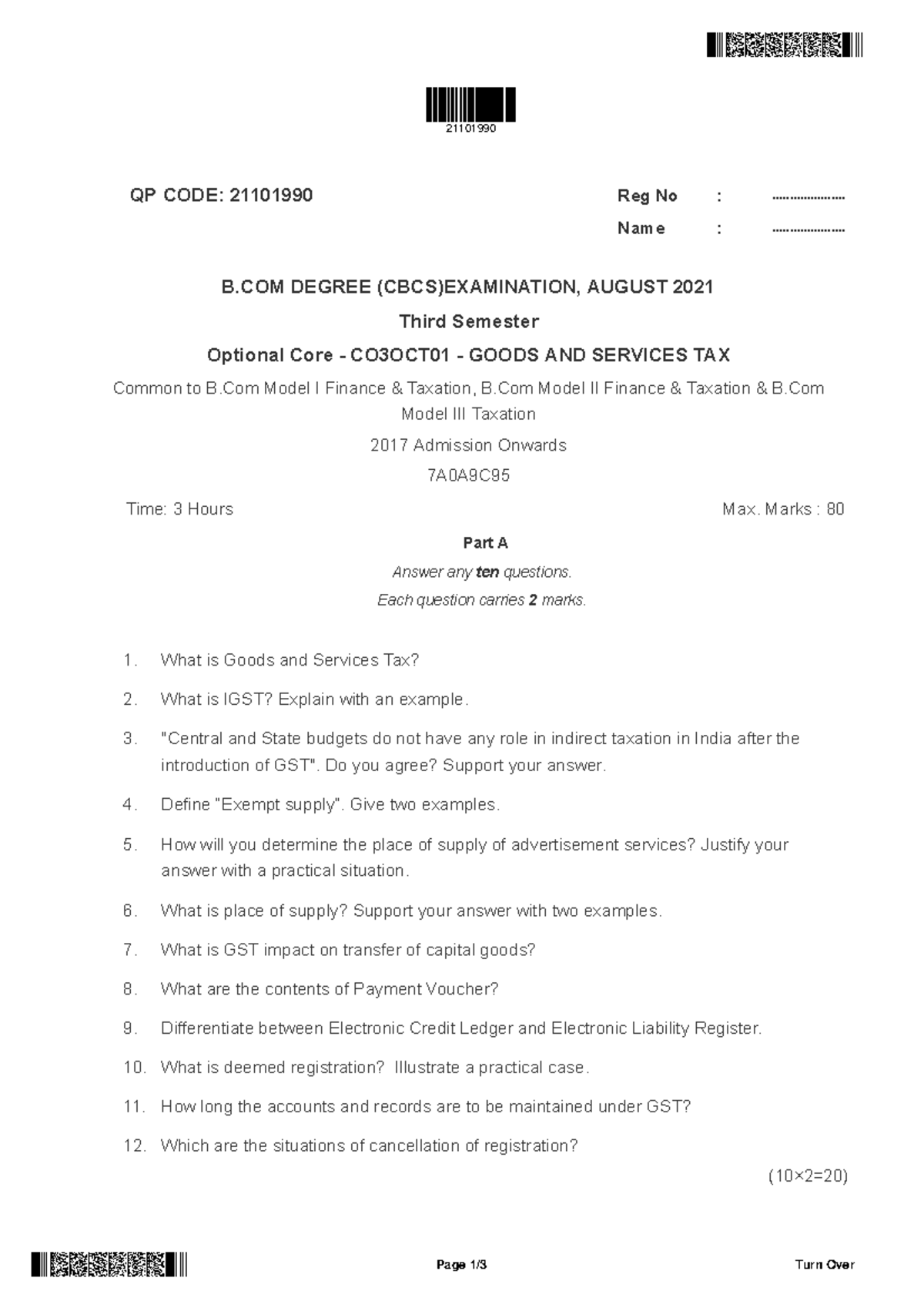 Goods AND Service TAX - Simple - QP CODE: 21101990 Reg No ...