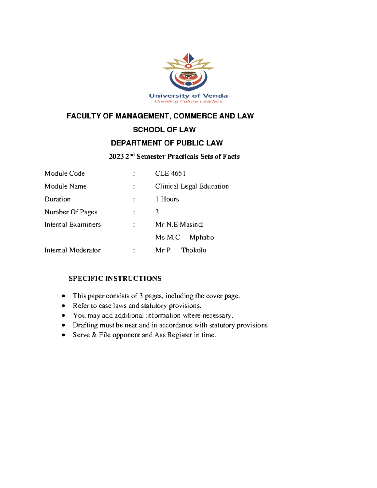 CLE Practical facts - FACULTY OF MANAGEMENT, COMMERCE AND LAW SCHOOL OF ...