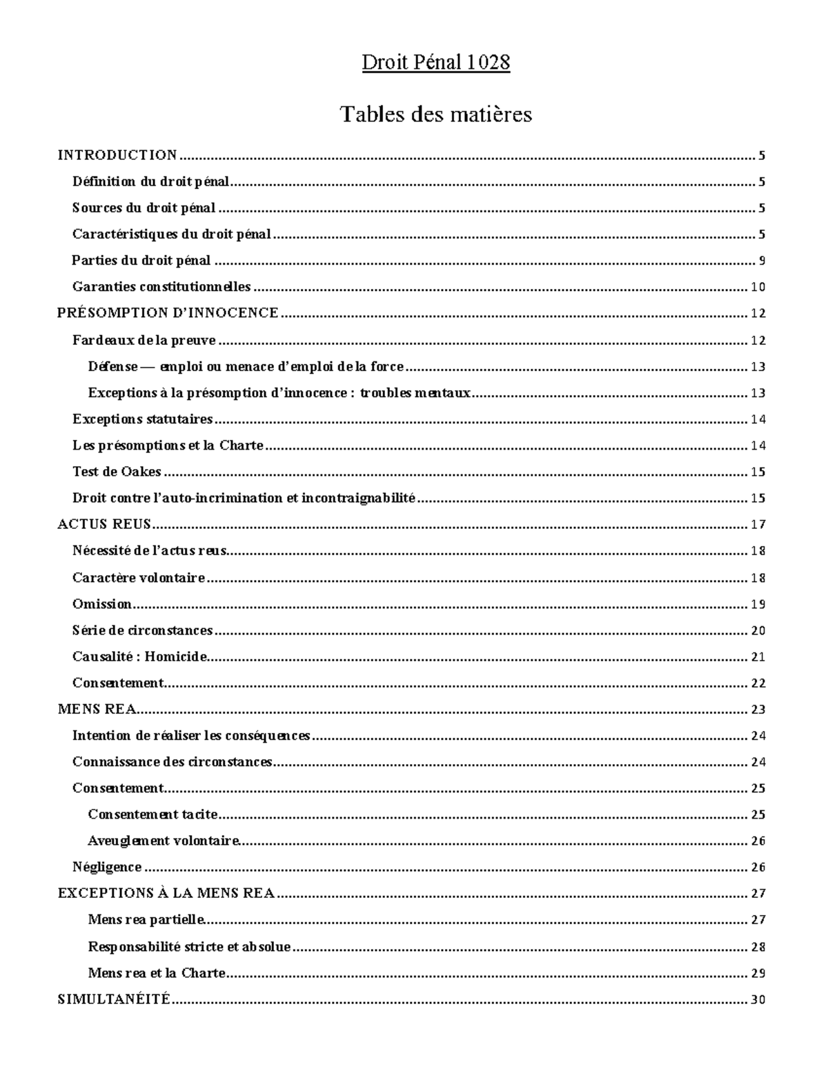 Cours - Notes - Tables des matières - Droit Pénal INTRODUCTION ...