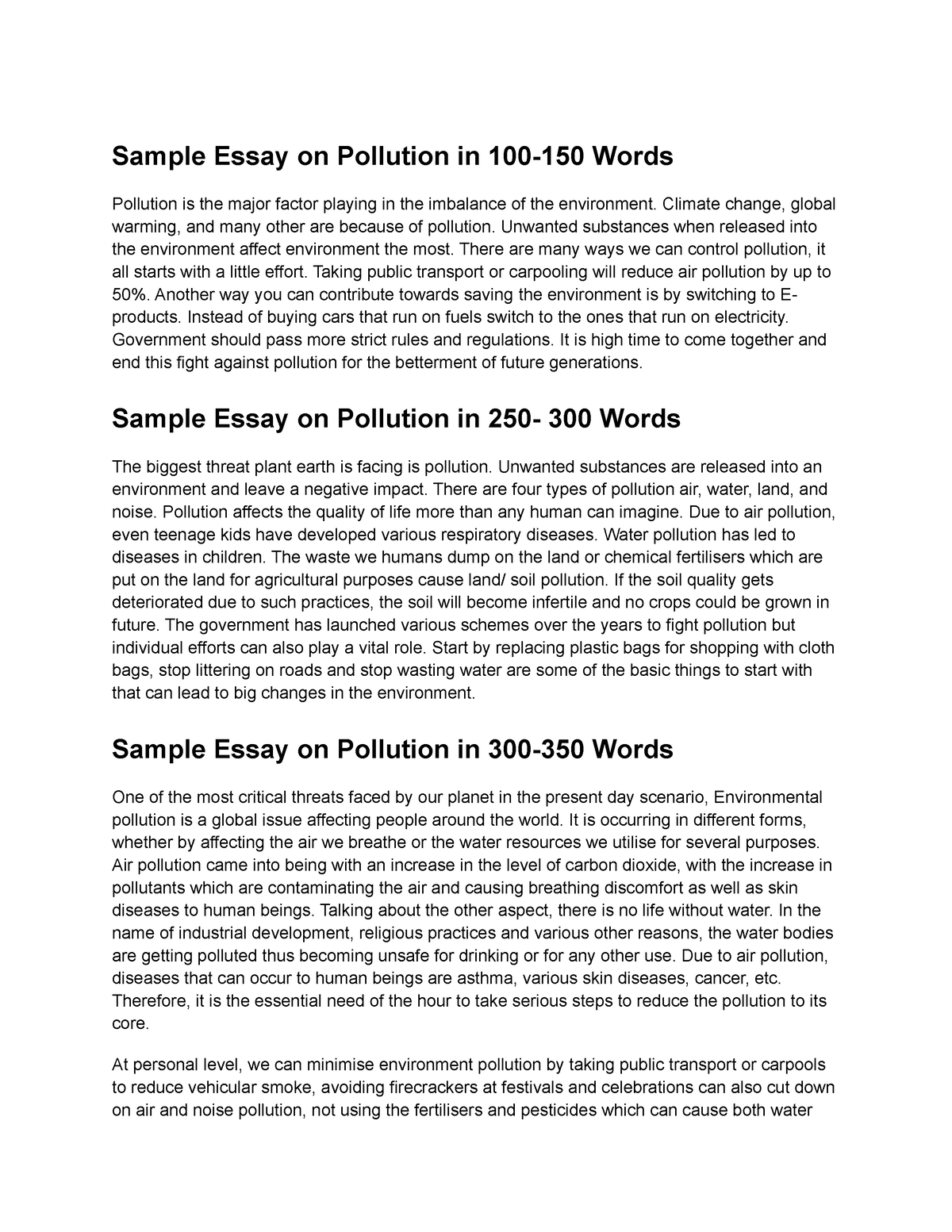 write an essay on pollution in 100 words