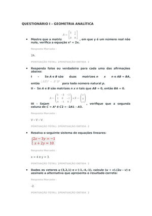 Questionário II – Geometria Analítica - QUESTIONÁRIO II – GEOMETRIA ...