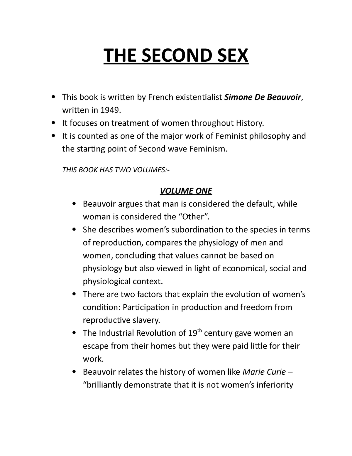 The Second Sex (Volume One) - THE SECOND SEX This book is written French  existentialist Simone De - Studocu