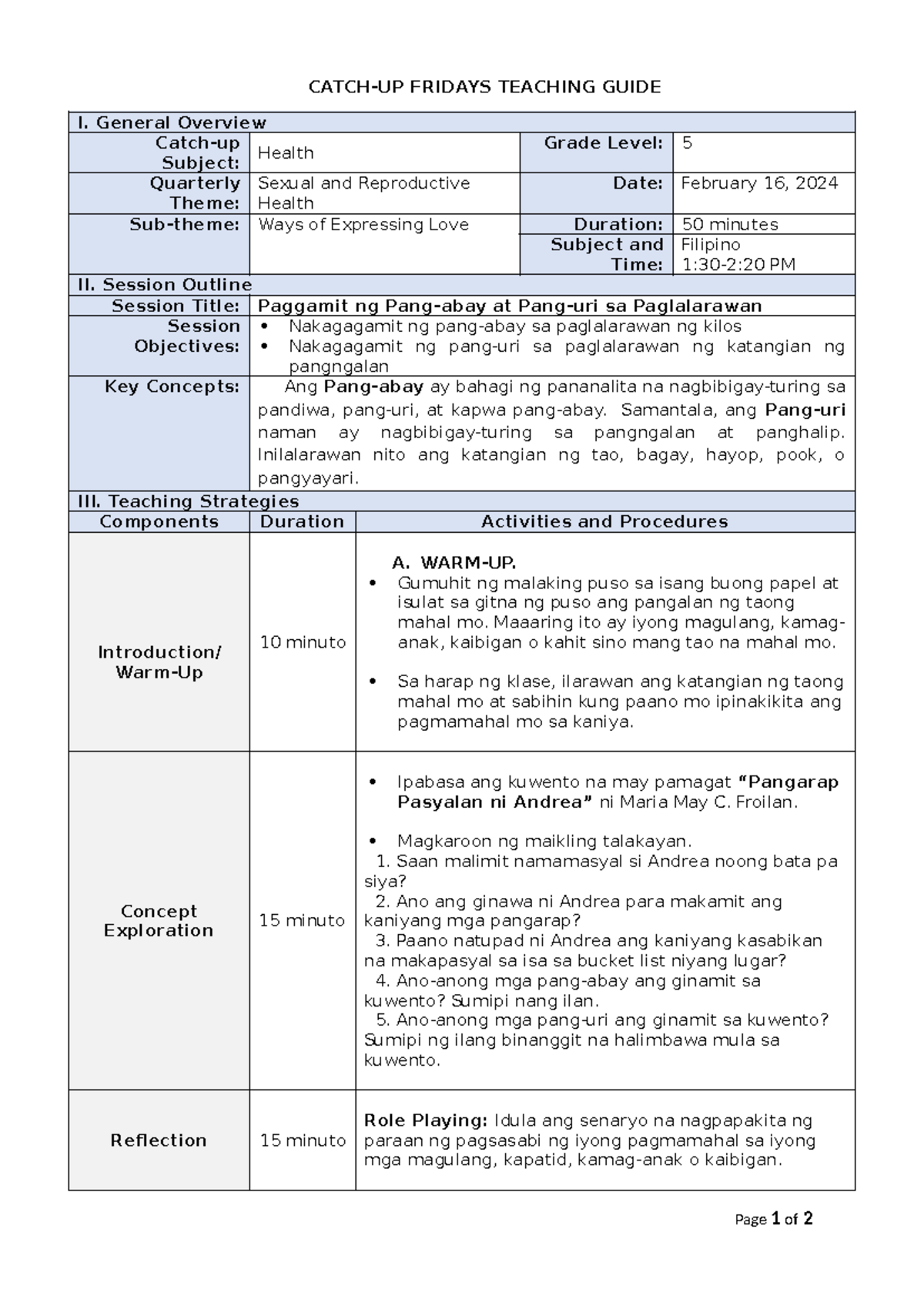 Catch Up Lesson Plan Filipino 5 I General Overview Catch Up Subject Health Grade Level 5 7828