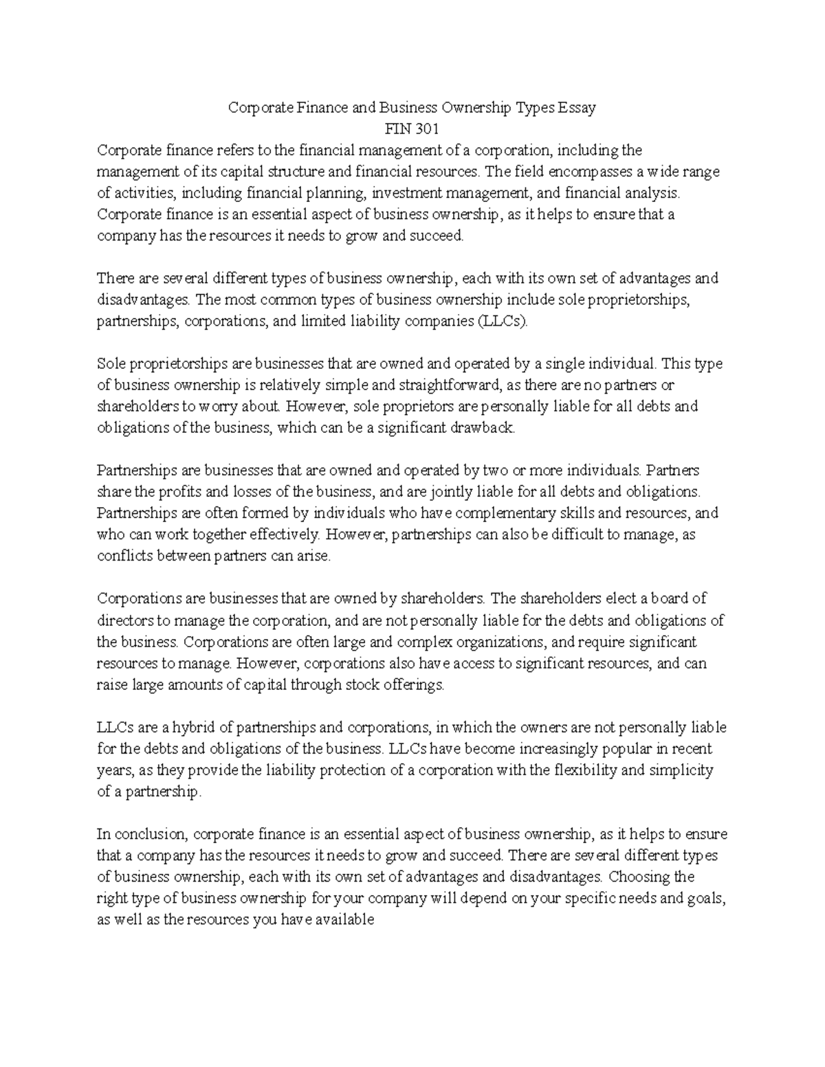 Corporate Finance and Business Ownership Types Essay - The field ...