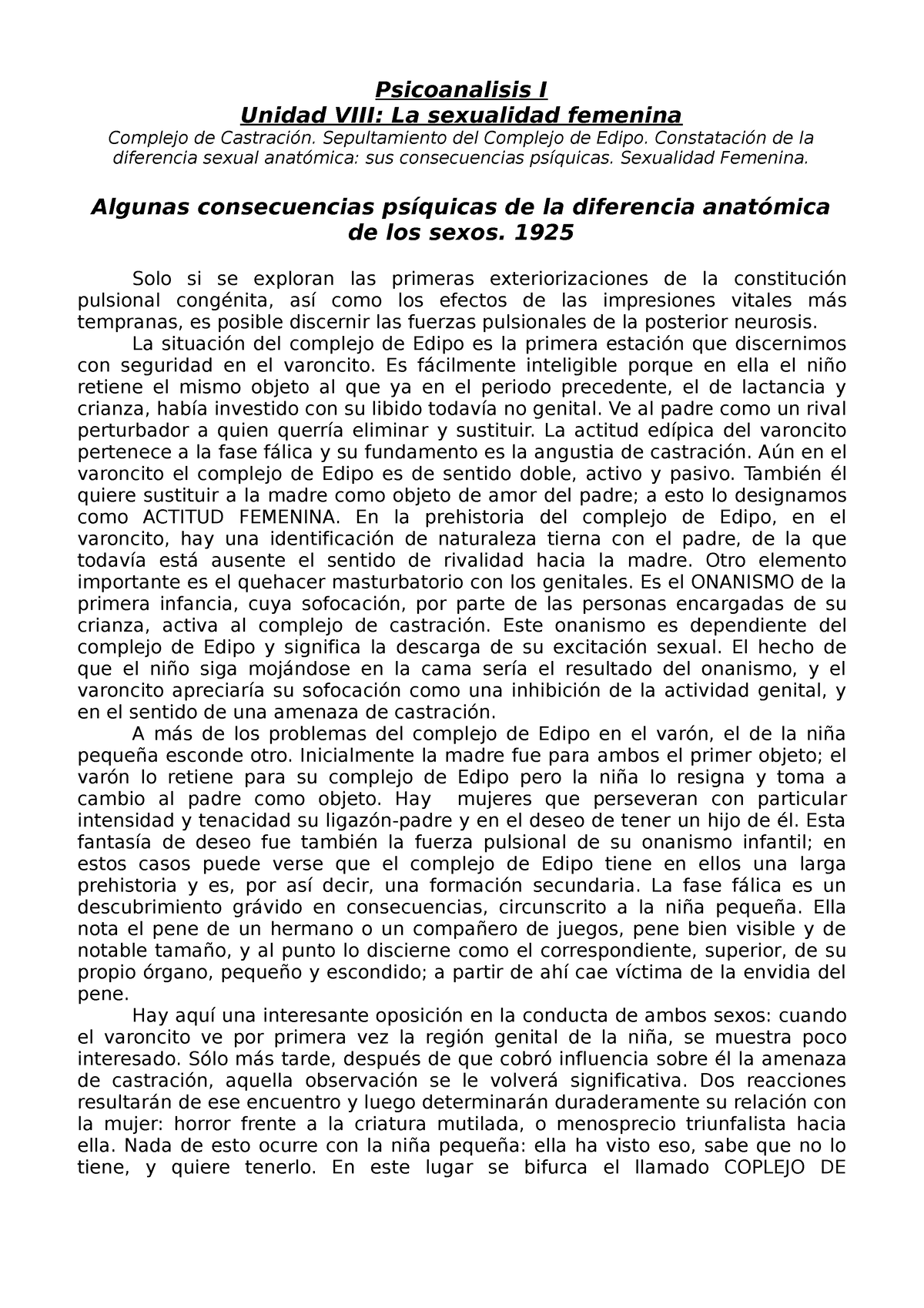 PSICOANALISIS UNIDA Psicoanalisis I Unidad VIII La Sexualidad Femenina Complejo De