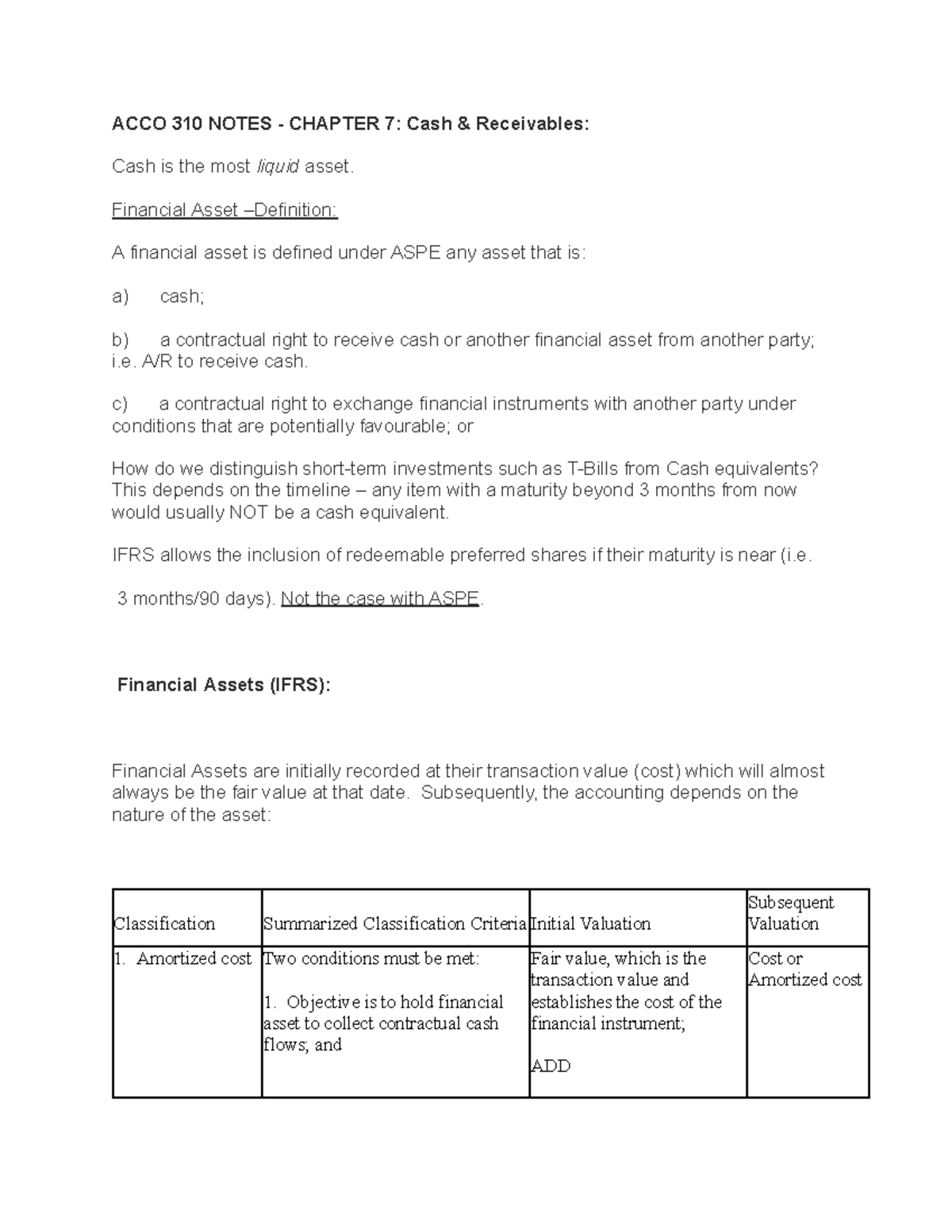 ACCO 310 Notes Chapter 7 - ACCO 310 NOTES - CHAPTER 7: Cash ...