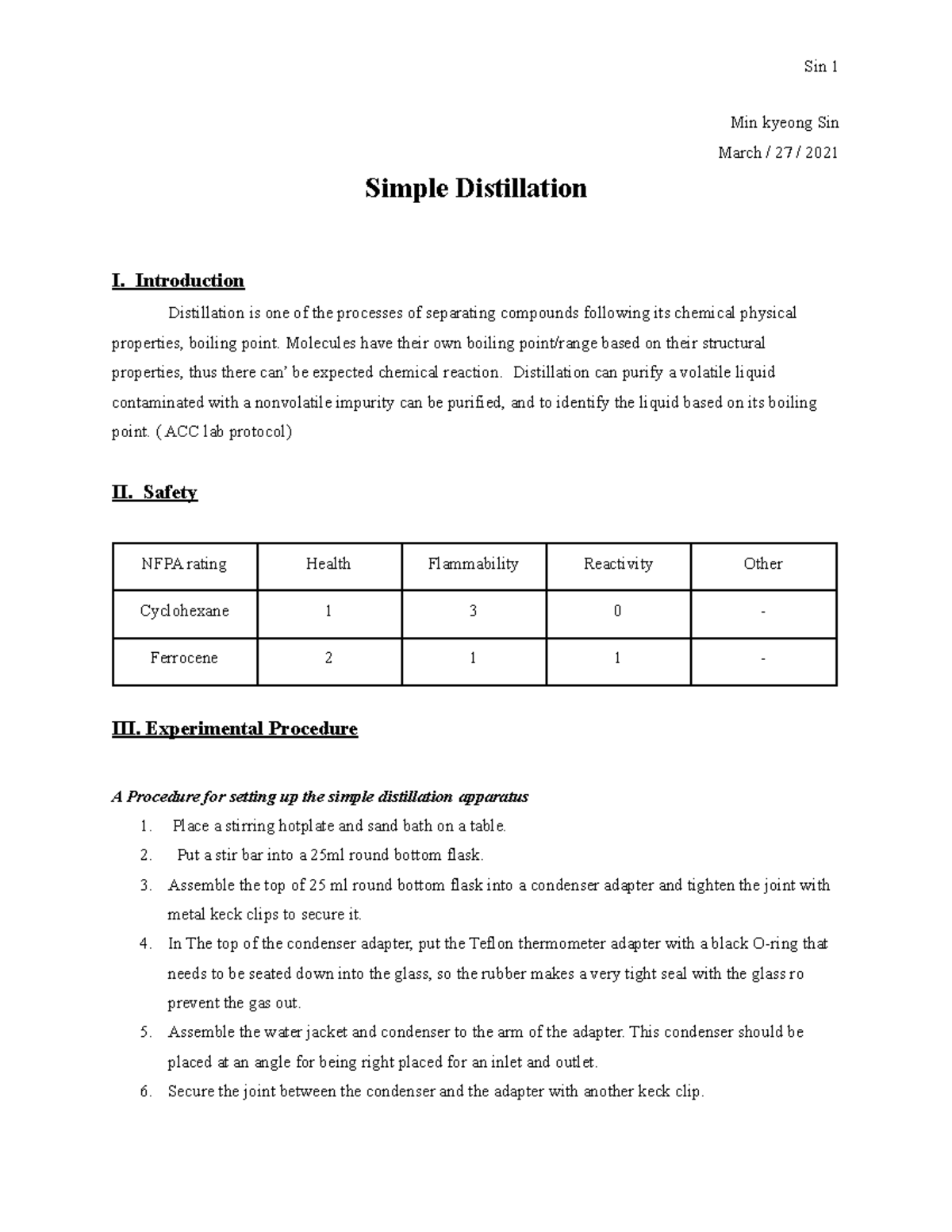 Simple distillation experiment report Min kyeong Sin March / 27 /