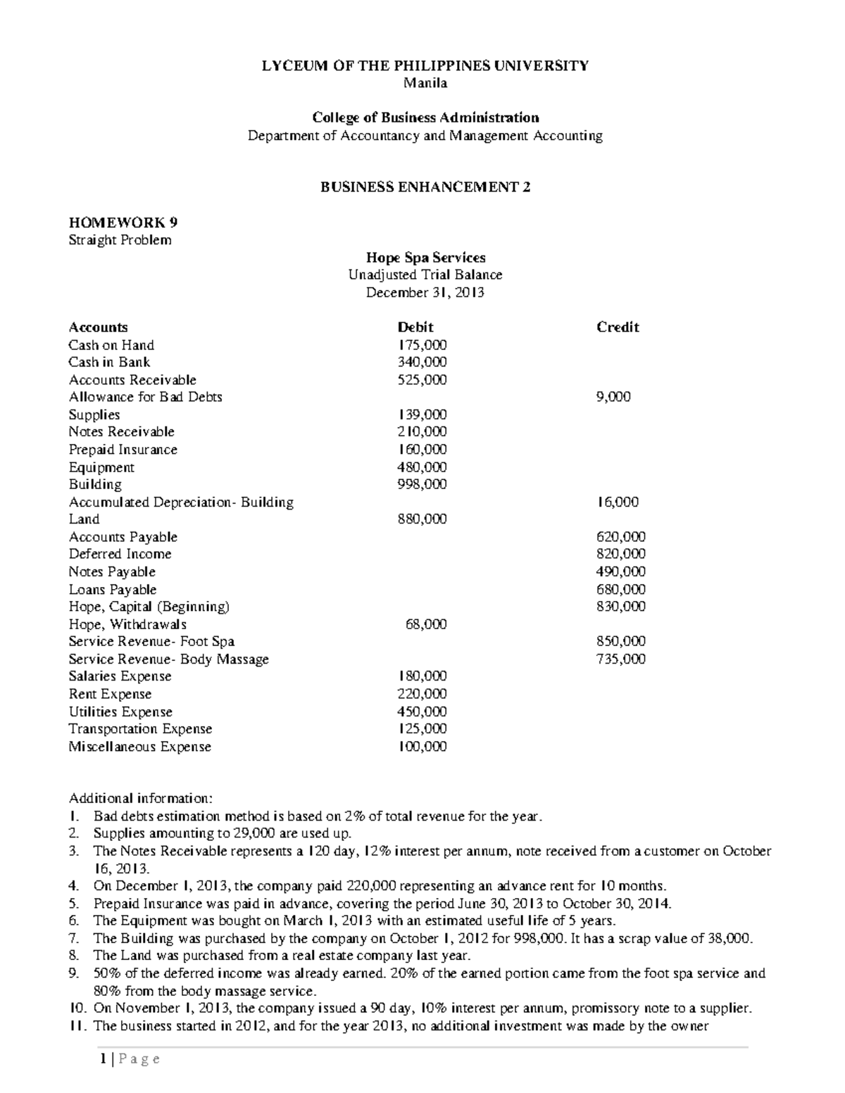 Homework 9 - (Straight Problem) Adjusted Trial Balance and Financial ...