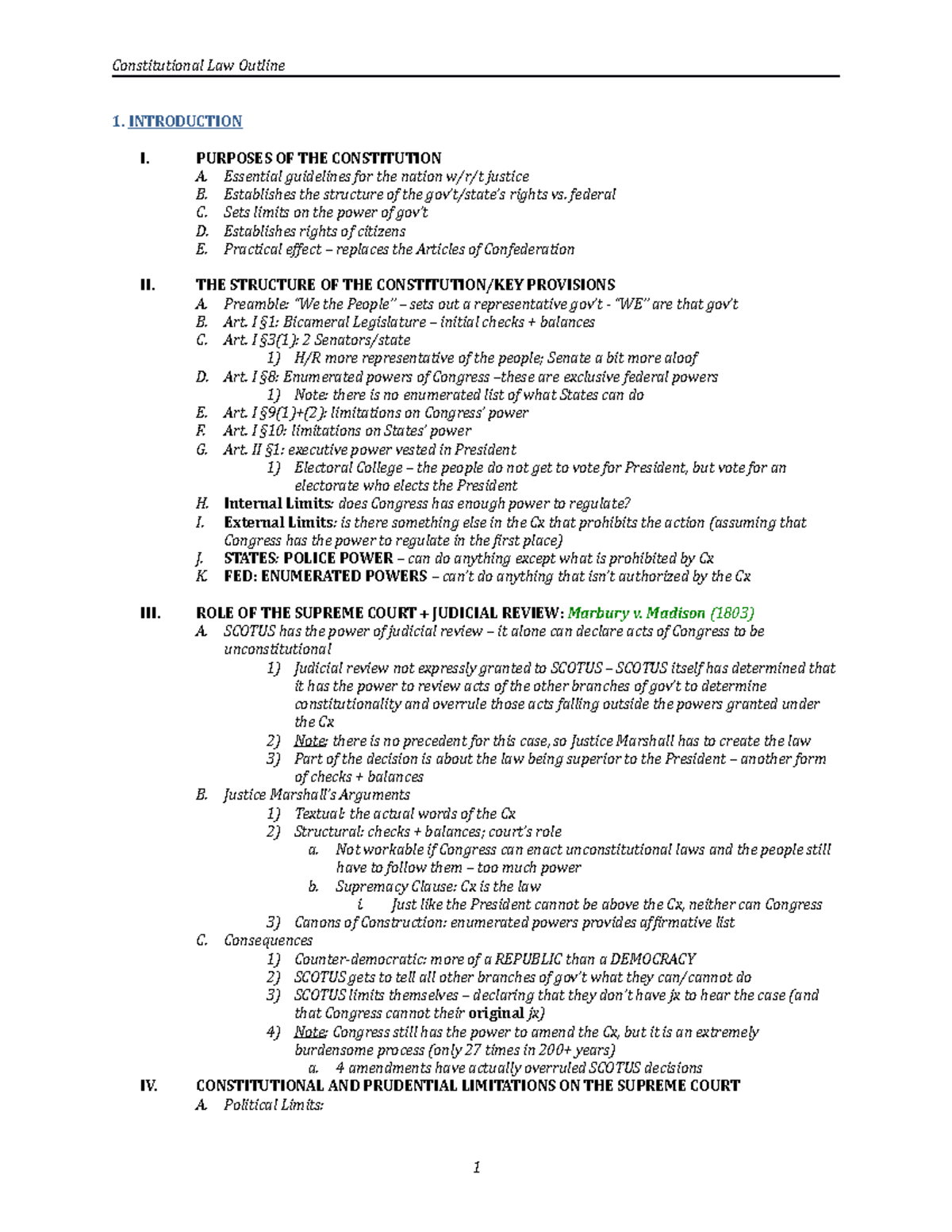 Con Law Outline Herman S2014 - 1. INTRODUCTION I. PURPOSES OF THE ...
