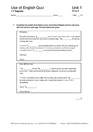 Focus 4 2E Vocabulary Quiz Unit1 Group A 1kol - Vocabulary Quiz Unit 1 ...