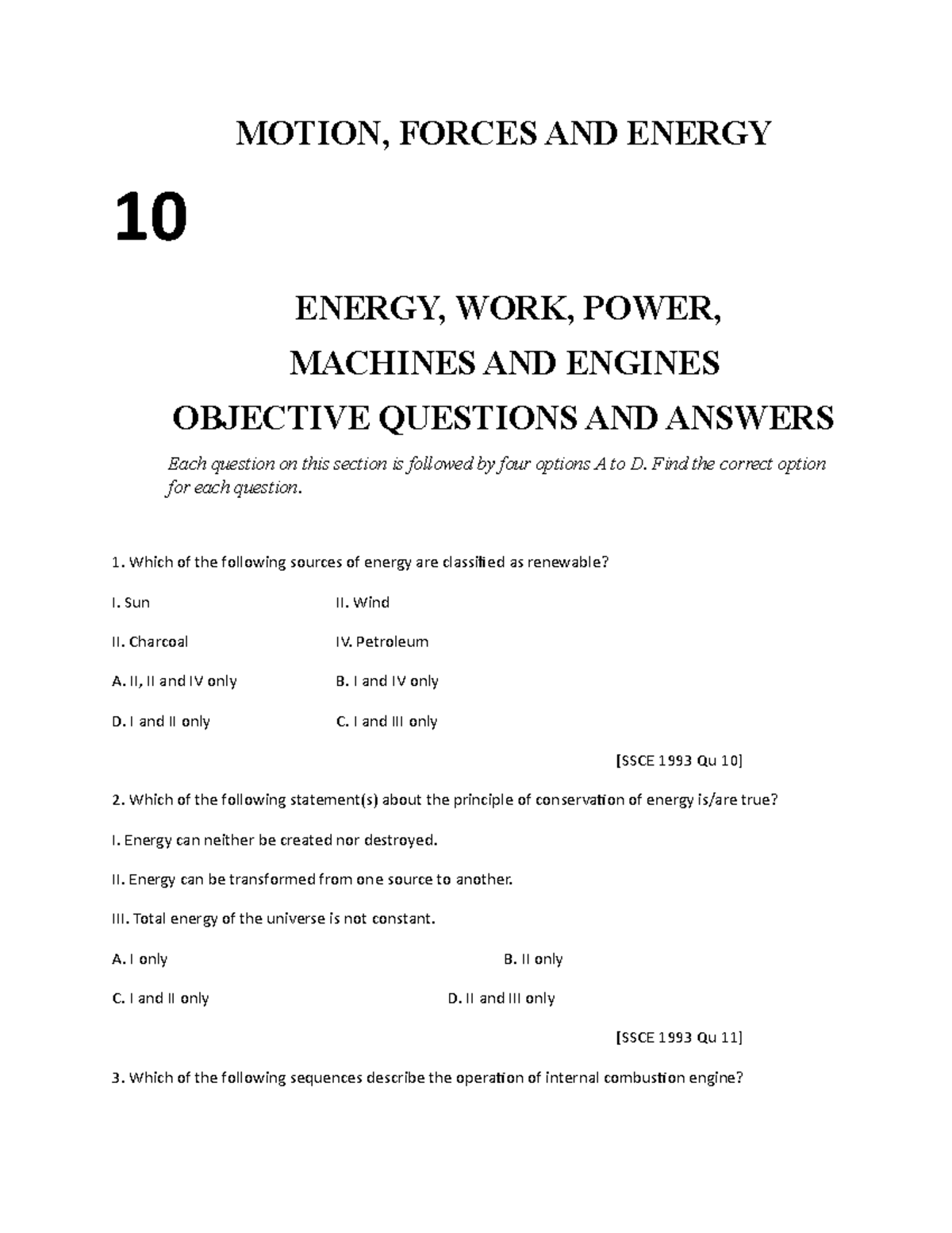 10 Energy, WORK, Power, Machines AND Engines MOTION, FORCES AND