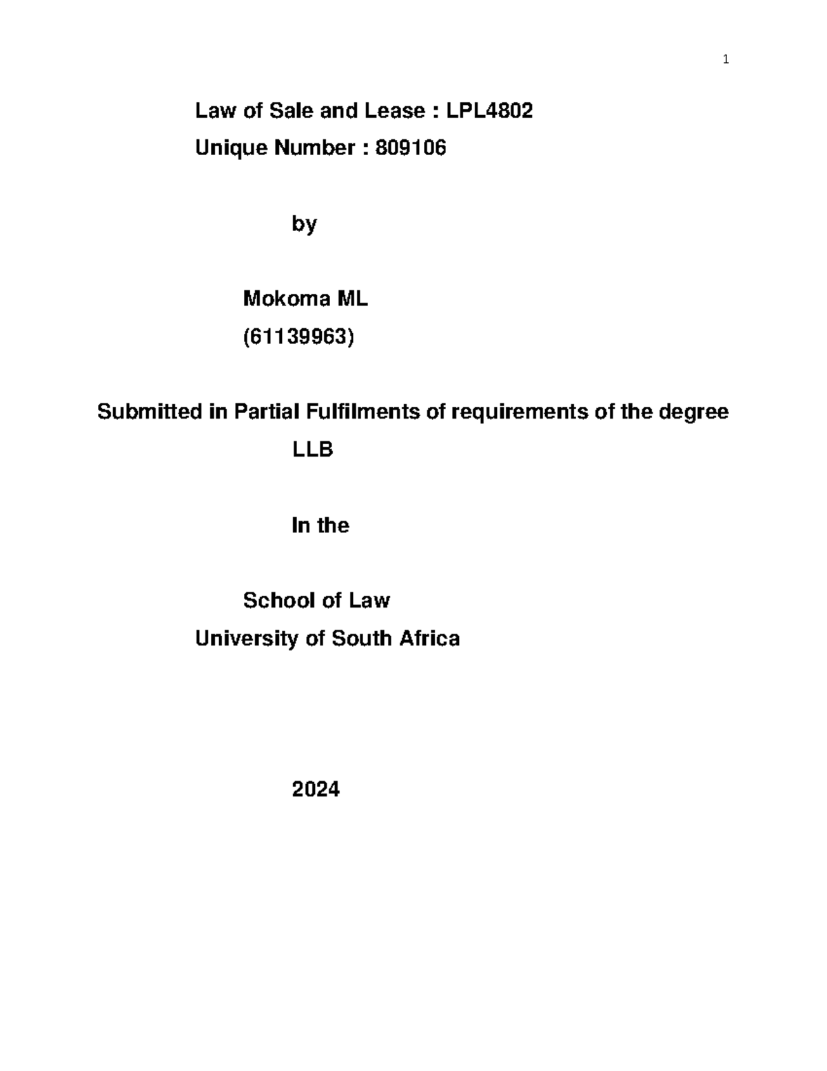 Examination paper Law of Sale and Lease LPL Unique Number 809106