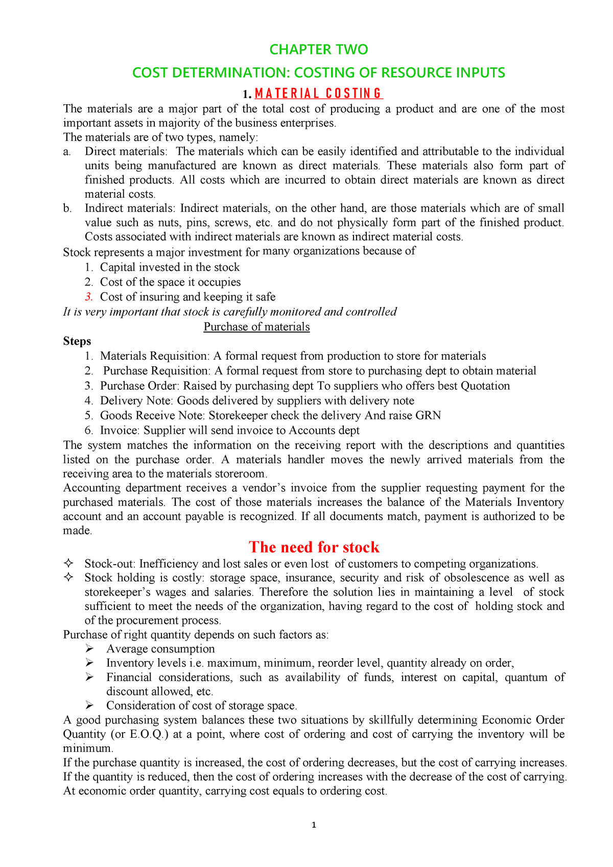 CMA I Chapter 2 - CHAPTER TWO COST DETERMINATION: COSTING OF RESOURCE ...