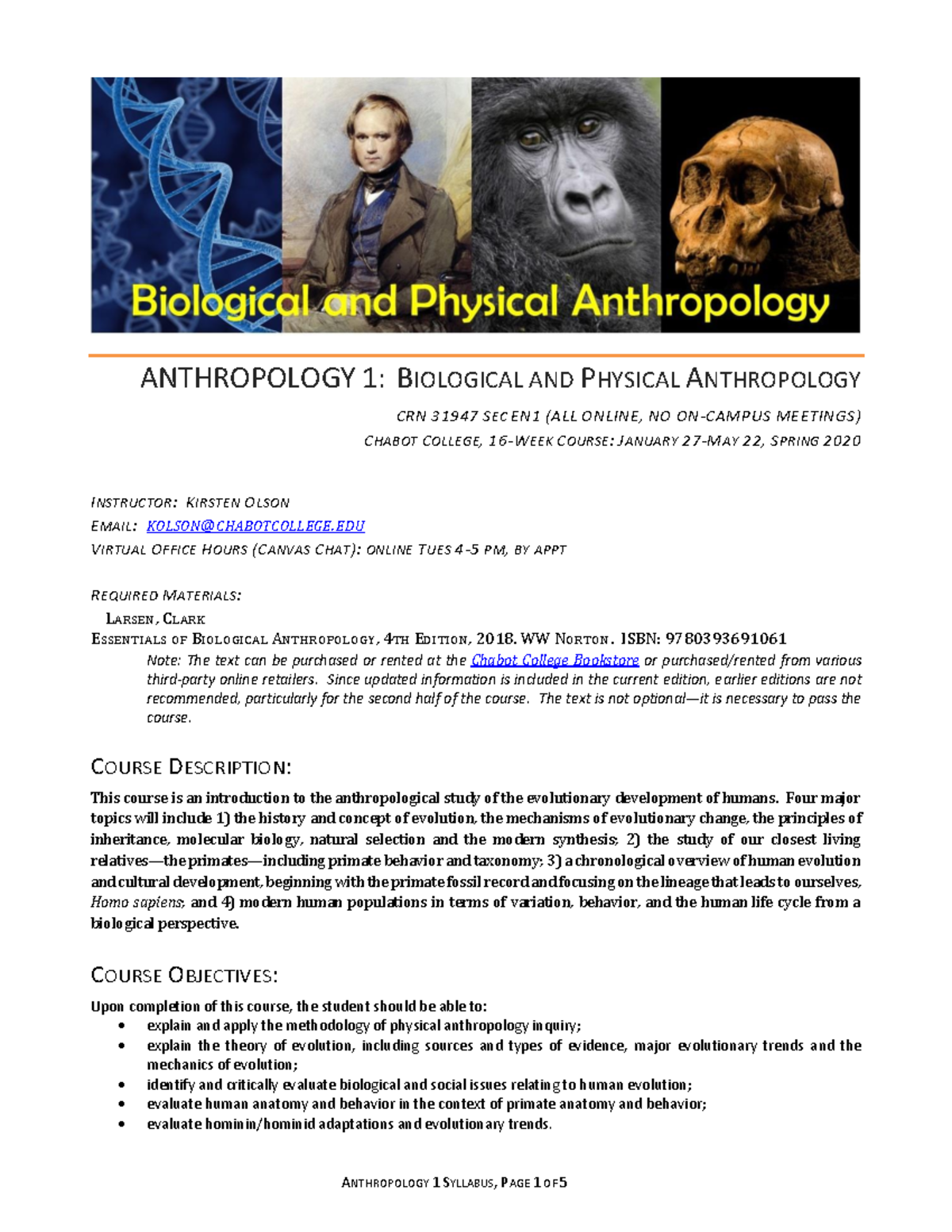 Chabot Anth 1 Syllabus Spring 2020 - ANTHROPOLOGY 1: BIOLOGICAL AND ...