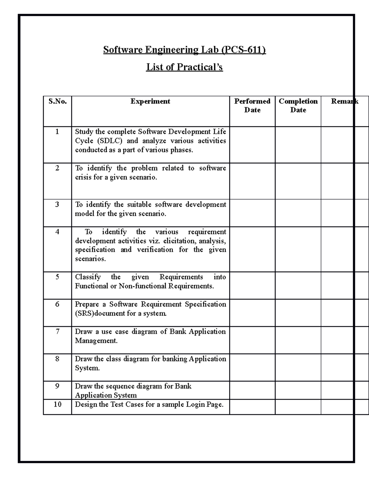 SE Lab list of practicals - Software Engineering Lab (PCS-611) List of ...