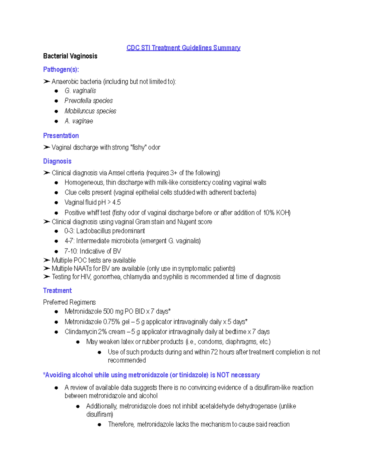 CDC STI Treatment Guidelines Summary CDC STI Treatment Guidelines