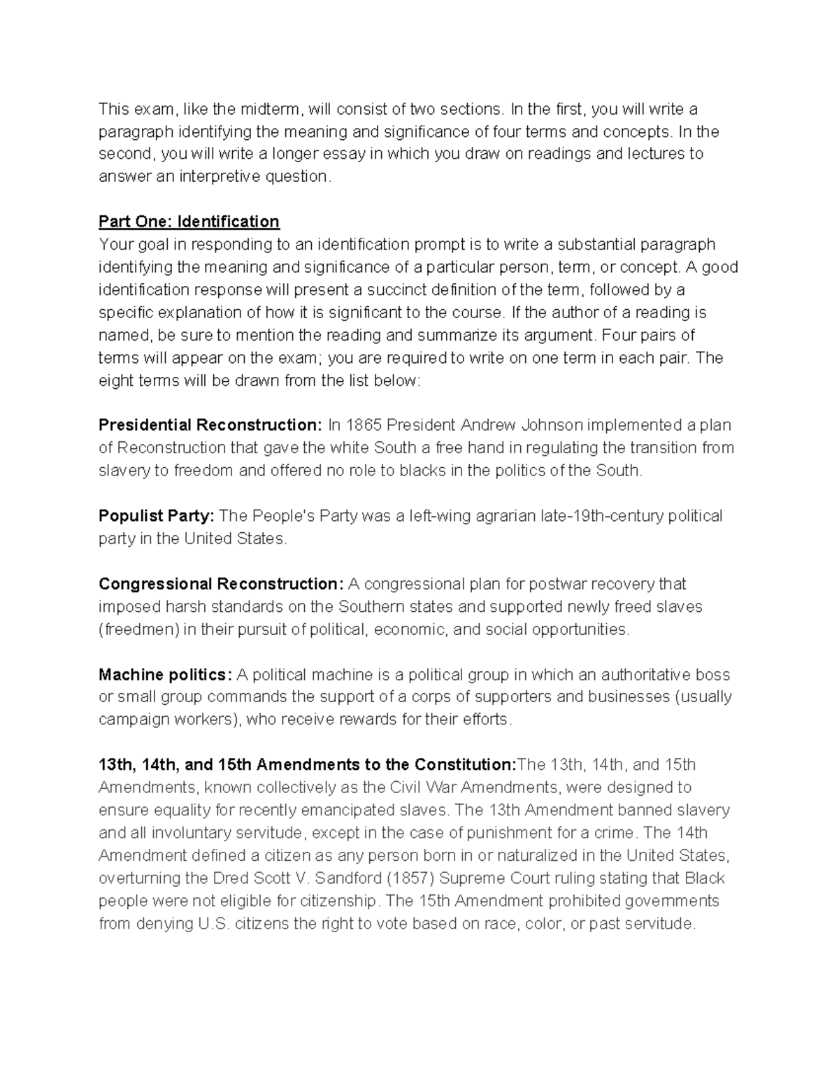 History Finial Review for final test This exam, like the midterm