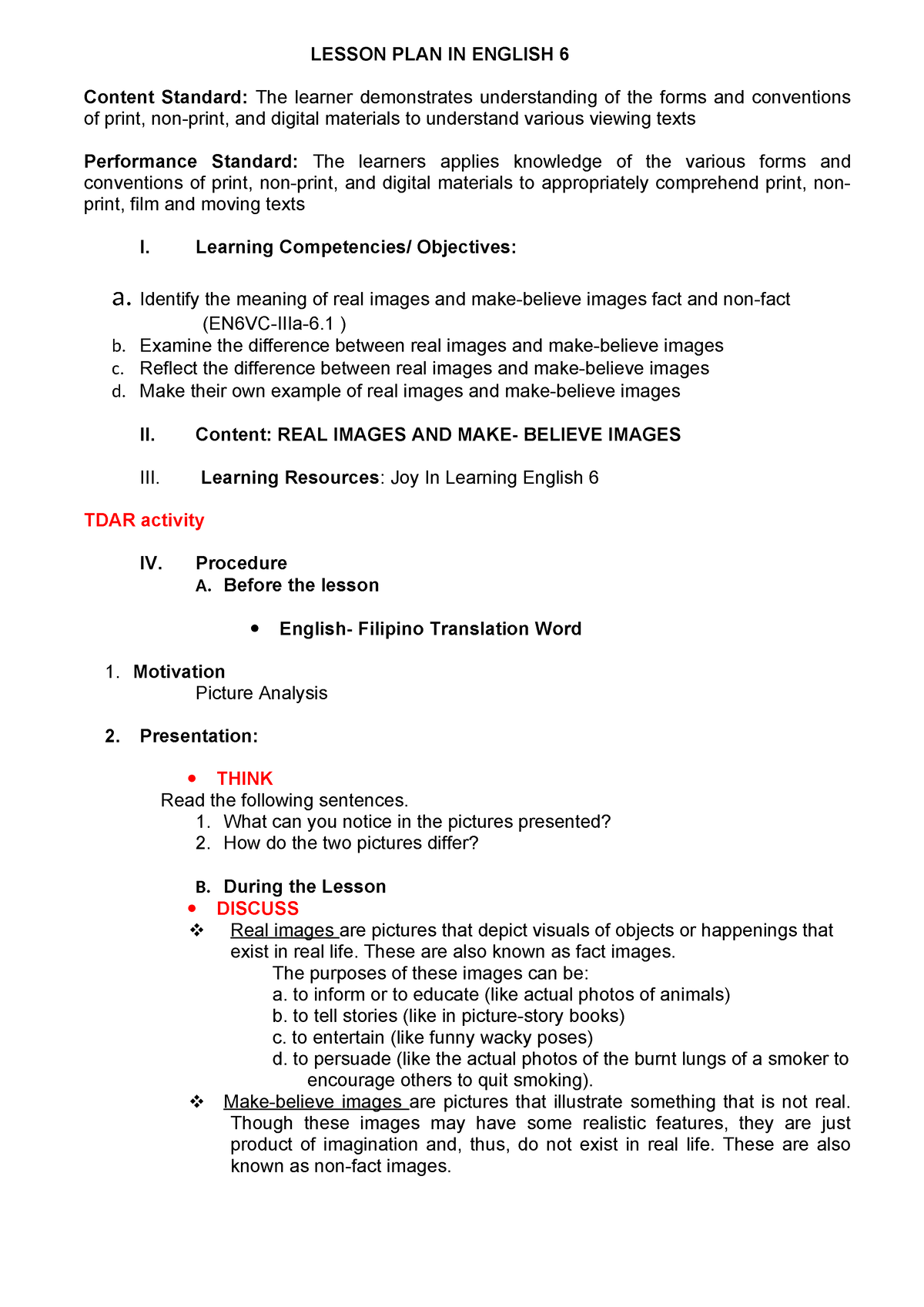 CO1 - dll - LESSON PLAN IN ENGLISH 6 Content Standard: The learner ...