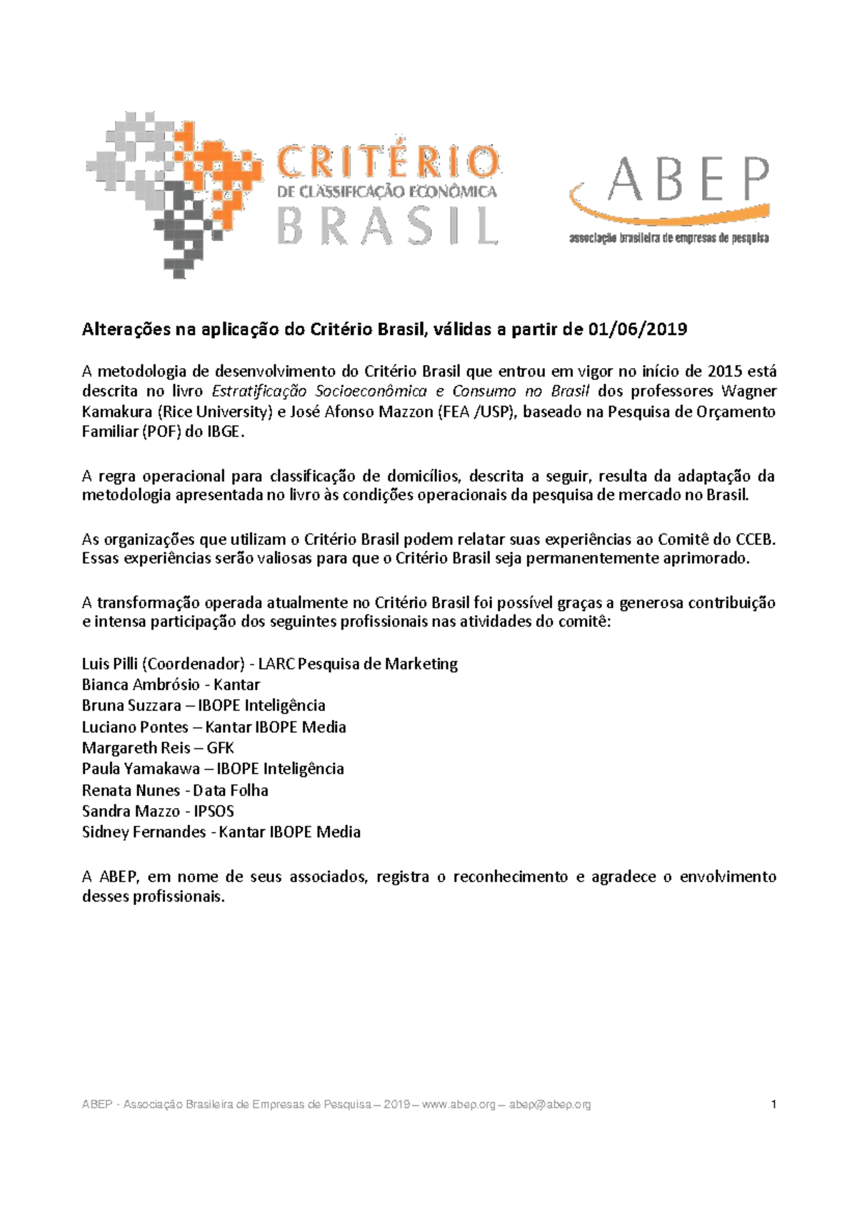2019 Classificação ABEP 2019 - AlteraÁıes na aplicaÁ„o do CritÈrio ...