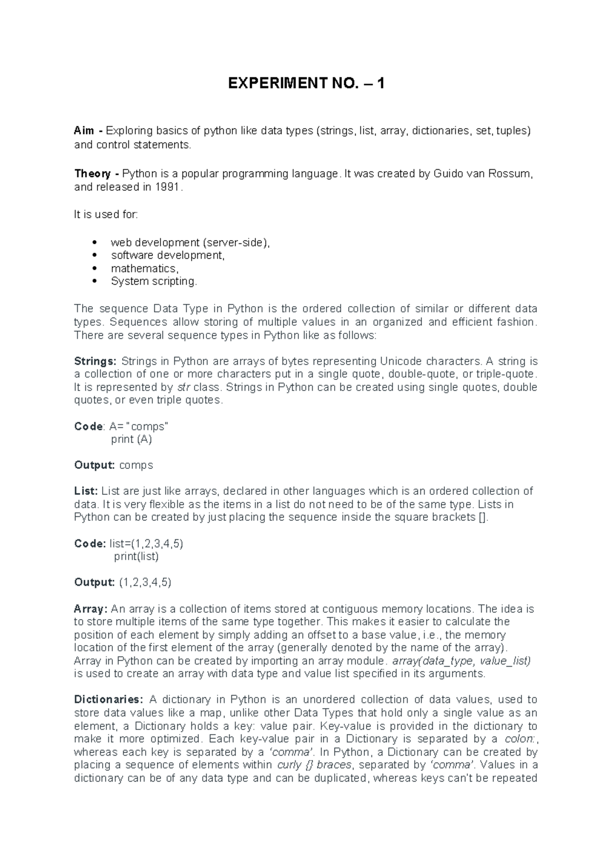 Experiment NO 1 - EXPERIMENT NO. – 1 Aim - Exploring basics of python ...