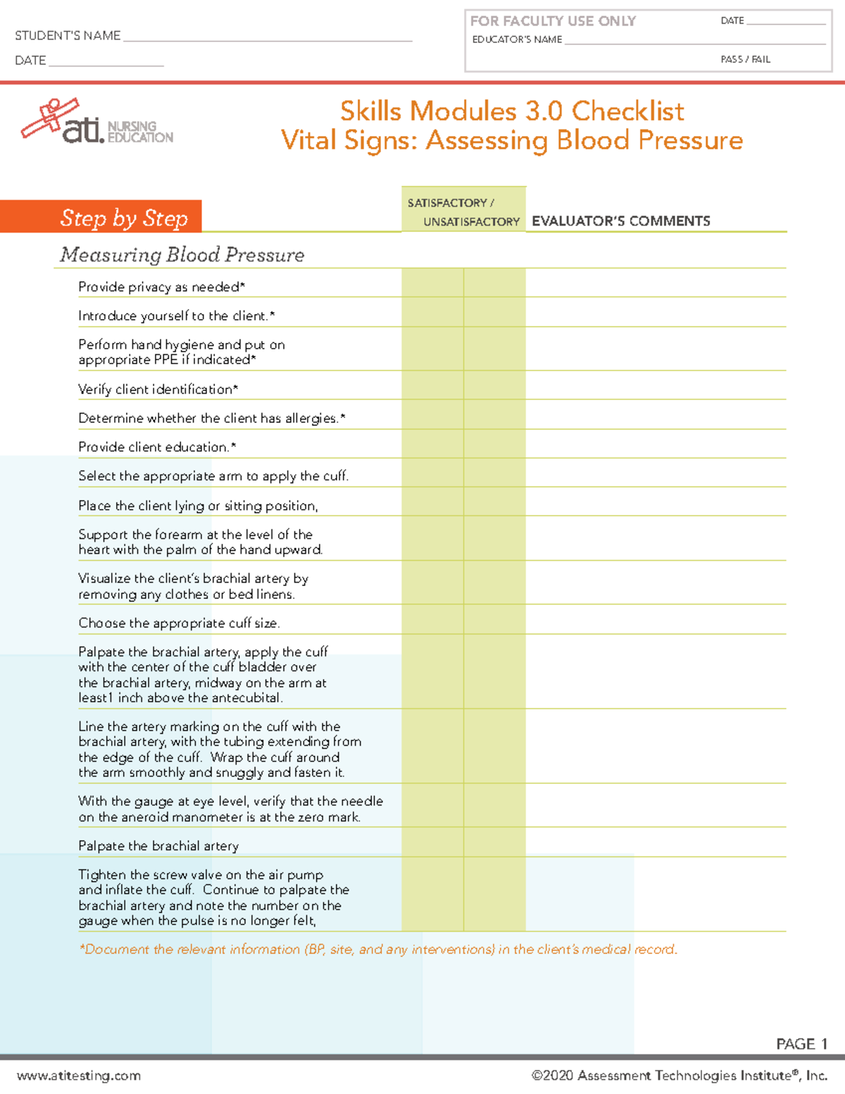 Skills Checklist Vital Signs BP - EDUCATOR IMPLEMENTATION GUIDE PAGE 1 ...