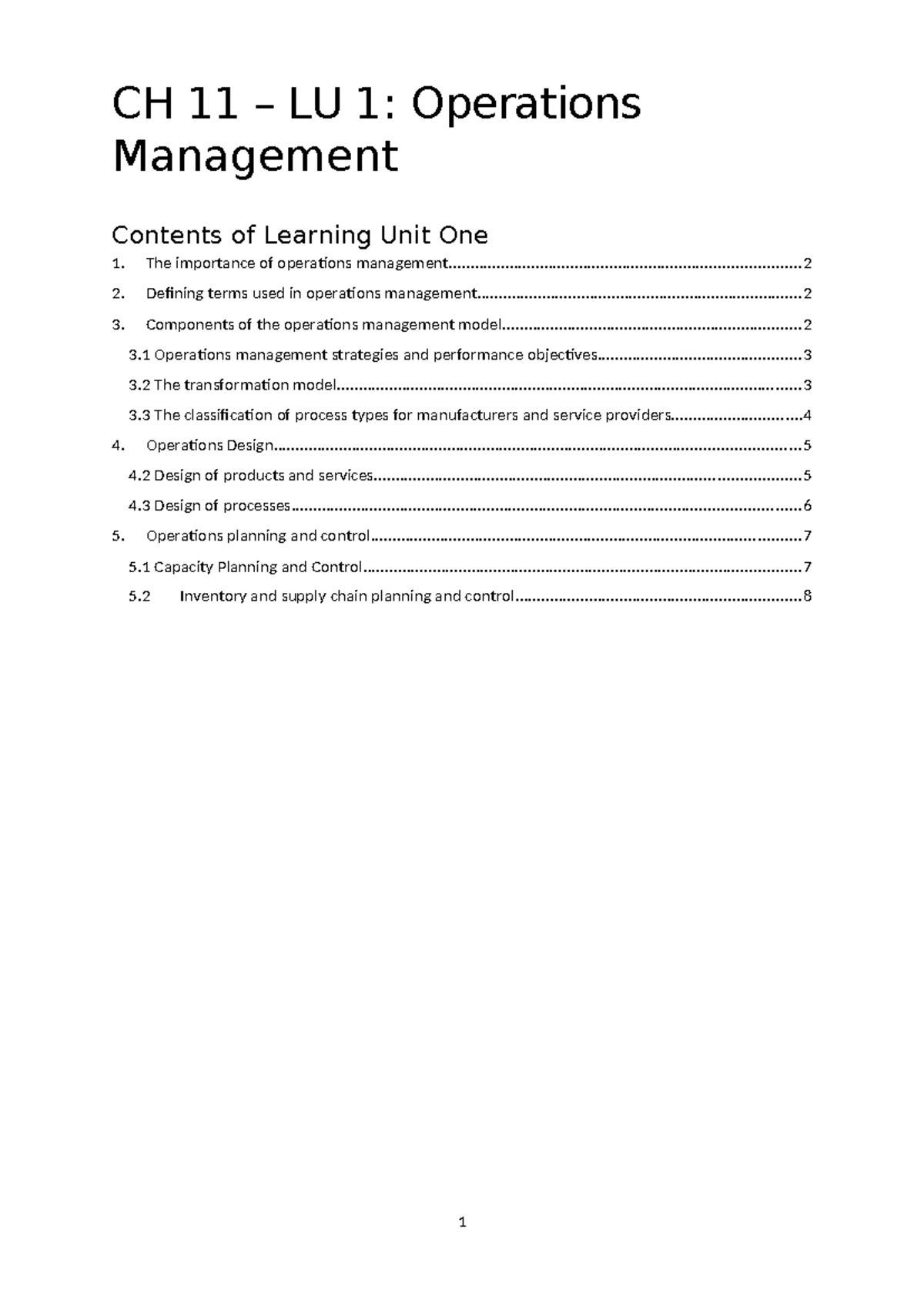 LU 1 - CH 11 Business Notes - CH 11 – LU 1: Operations Management The ...
