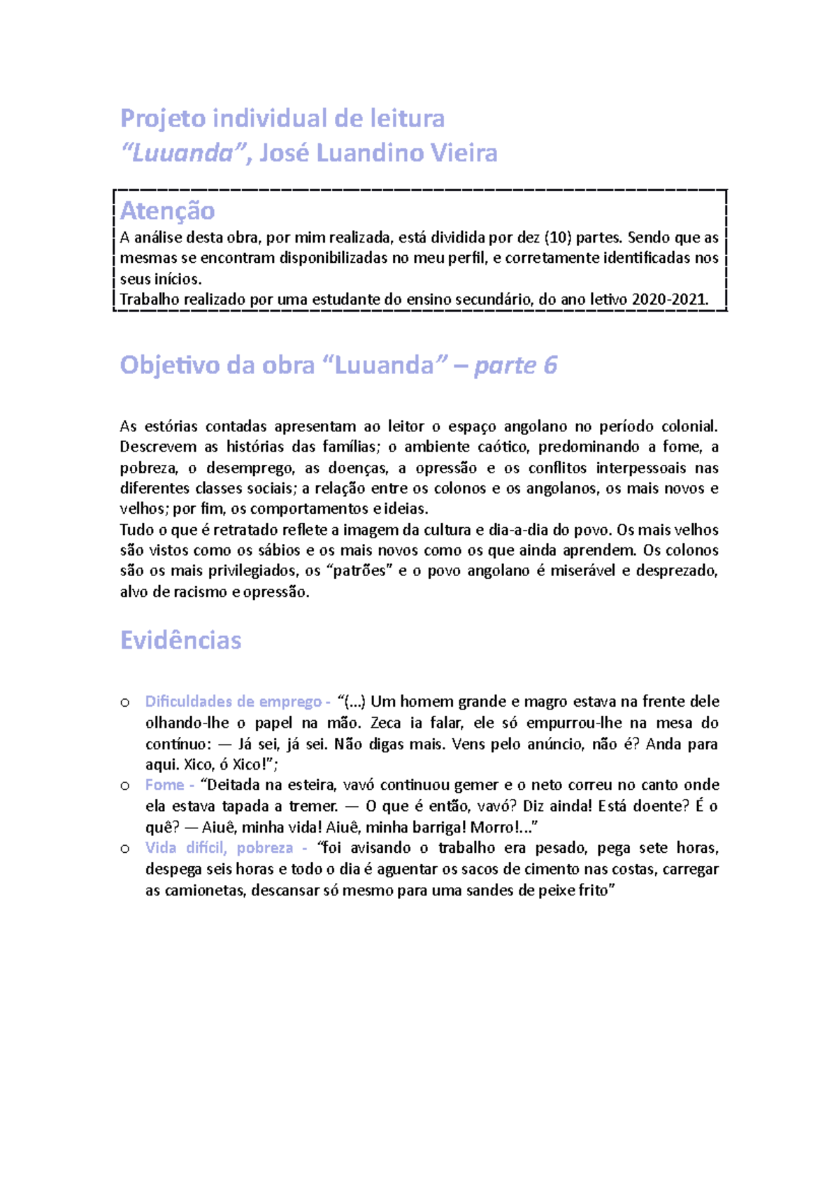 Luuanda parte 6 - Projeto individual de leitura “Luuanda” , José ...