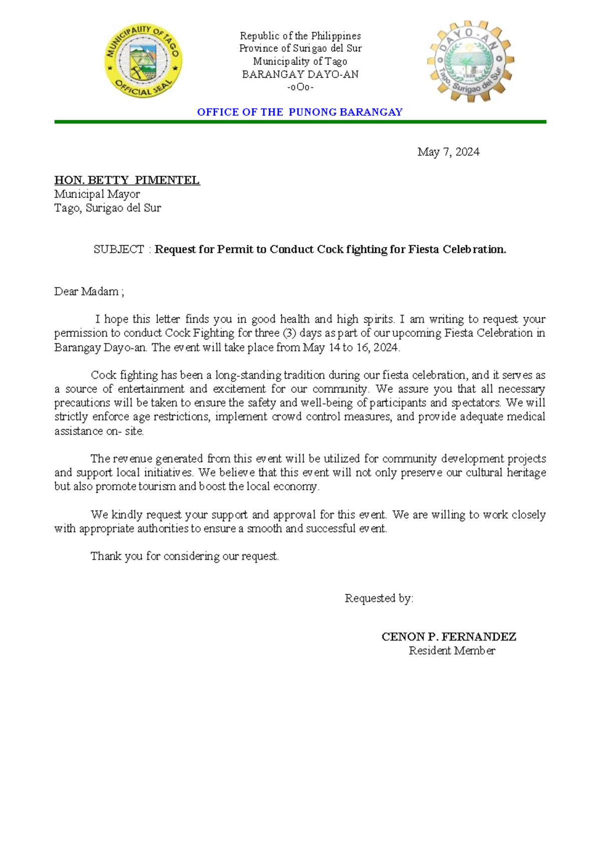Buwang-letter - sample - Republic of the Philippines Province of ...