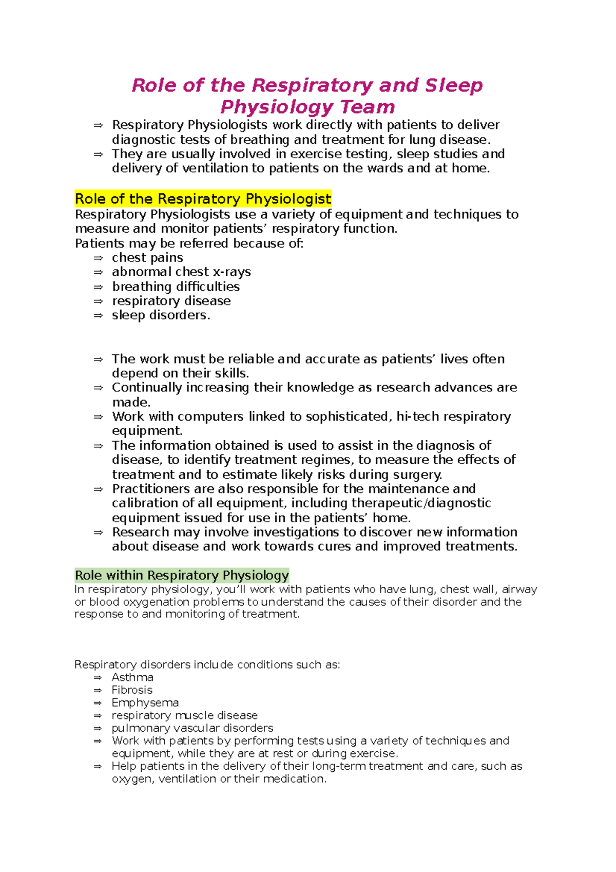 Role of the Respiratory and Sleep Physiology Team - Role of the ...