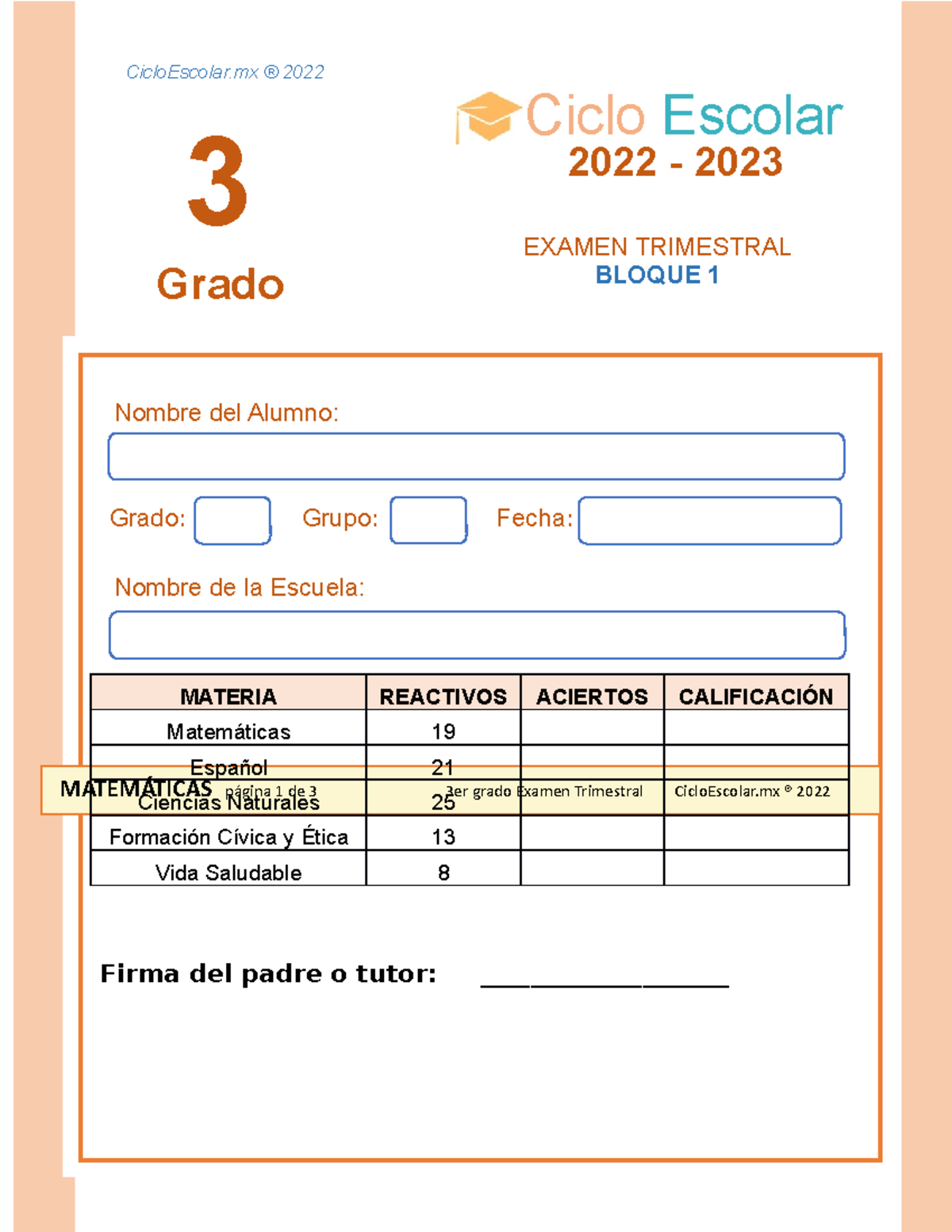 Examen Trimestral Tercer Grado Bloque 1 2022 2023 - Lee Con Atención El ...