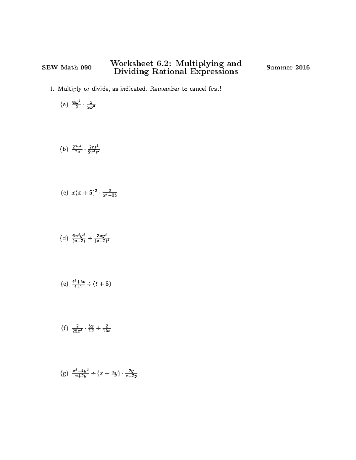 SEW Math worksheet 211.21 - Worksheet 211: Multiplying and Dividing With Regard To Multiply Rational Expressions Worksheet