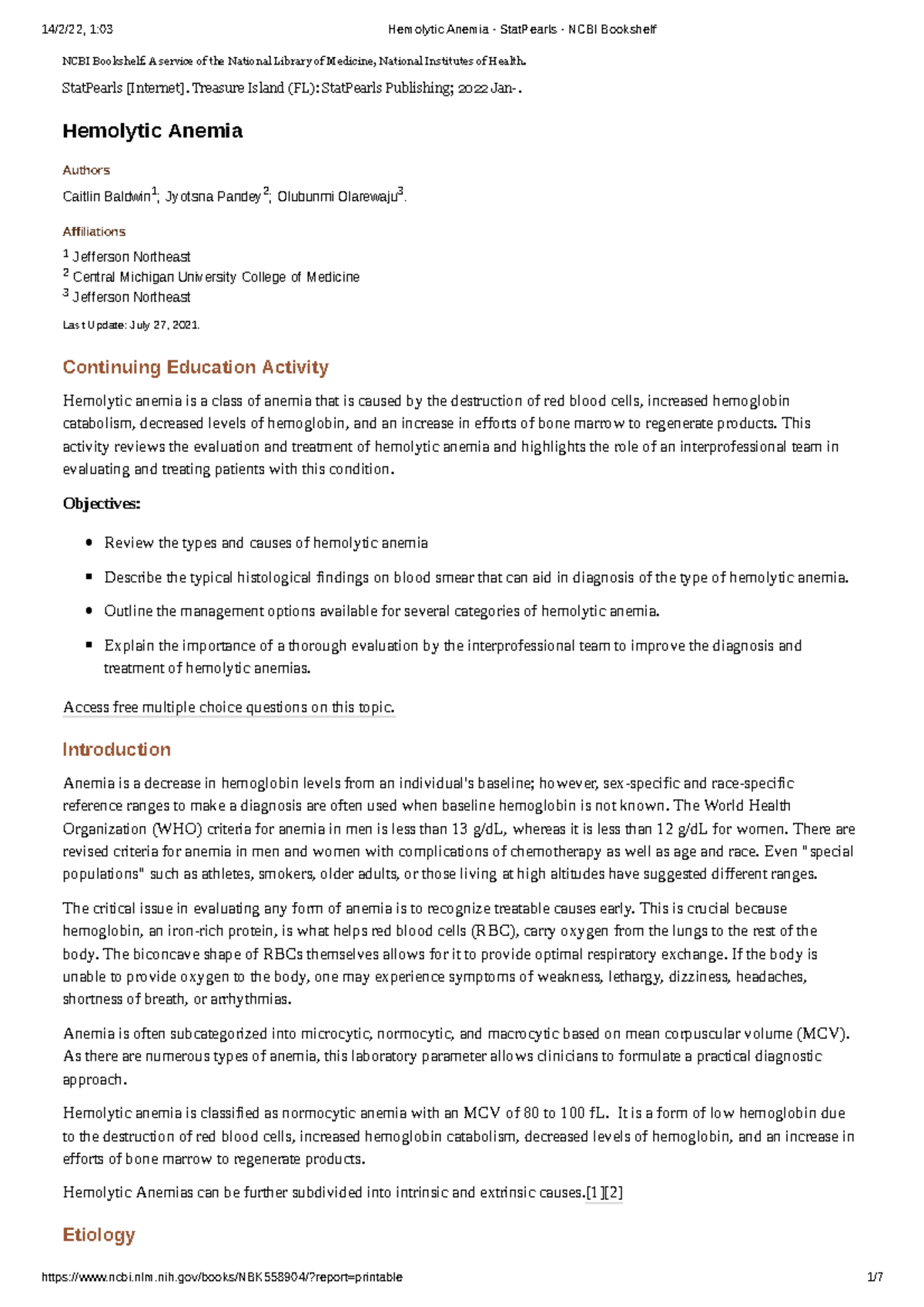 Hemolytic Anemia Stat Pearls NCBI Bookshelf NCBI Bookshelf. A