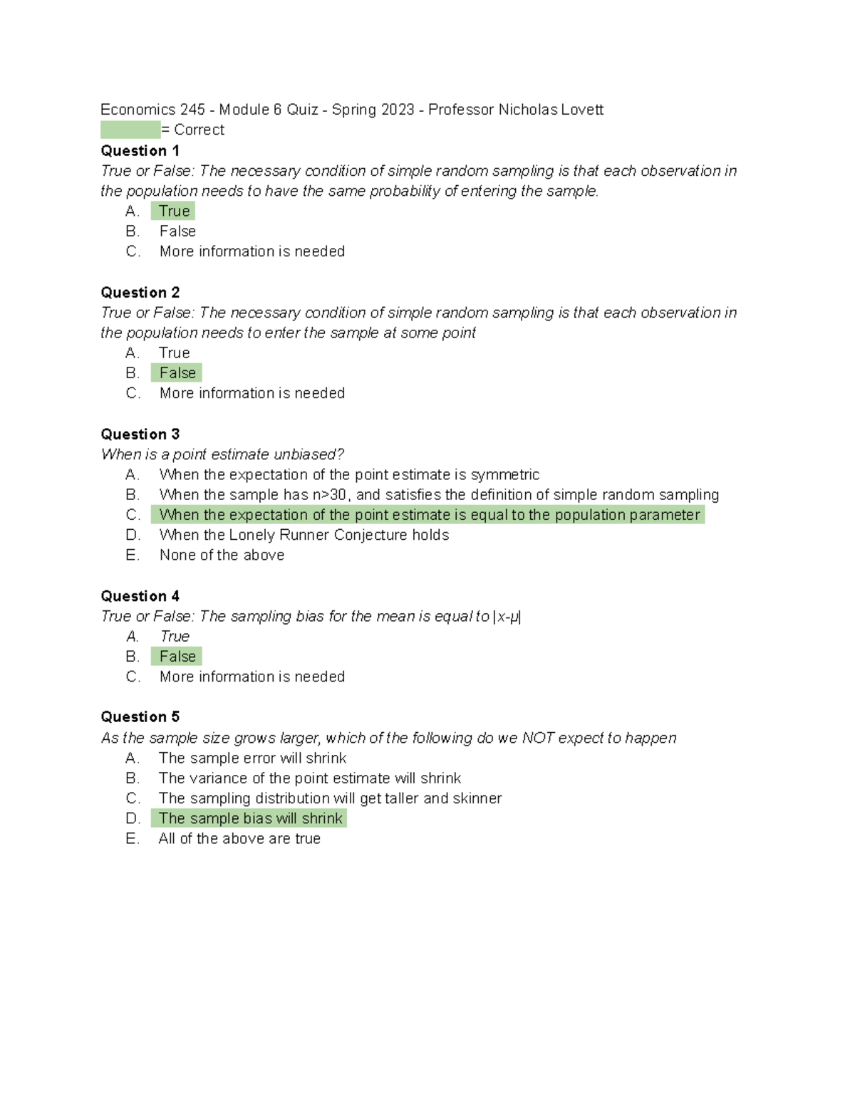 Module 6 Quiz - Economics 245 - Module 6 Quiz - Spring 2023 - Professor ...