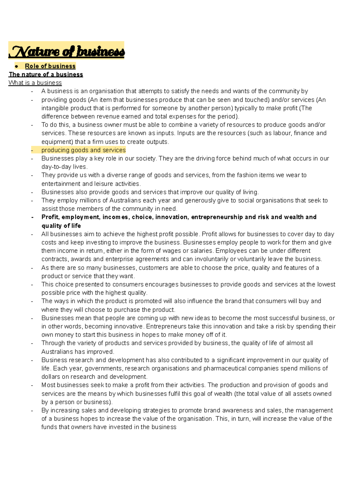 Nature Of Business Notes - Nature of business Role of business The ...