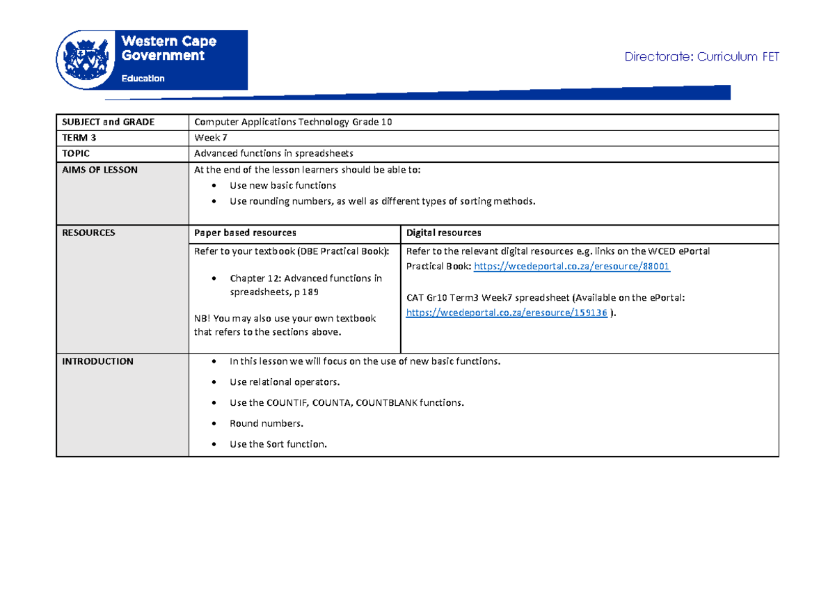 CAT Grade 10 Term 3 Week 7 2020 - Directorate: Curriculum FET SUBJECT ...