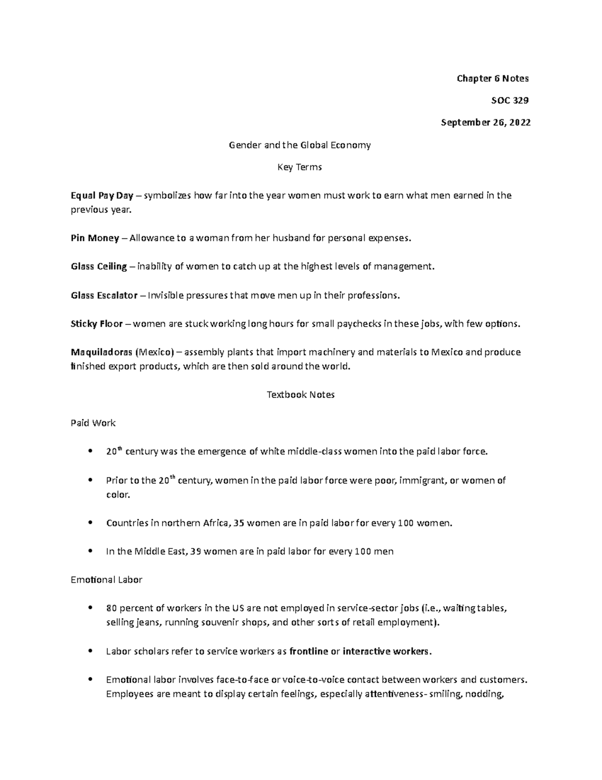 Gender and the Global Economy - Chapter 6 Notes SOC 329 September 26 ...
