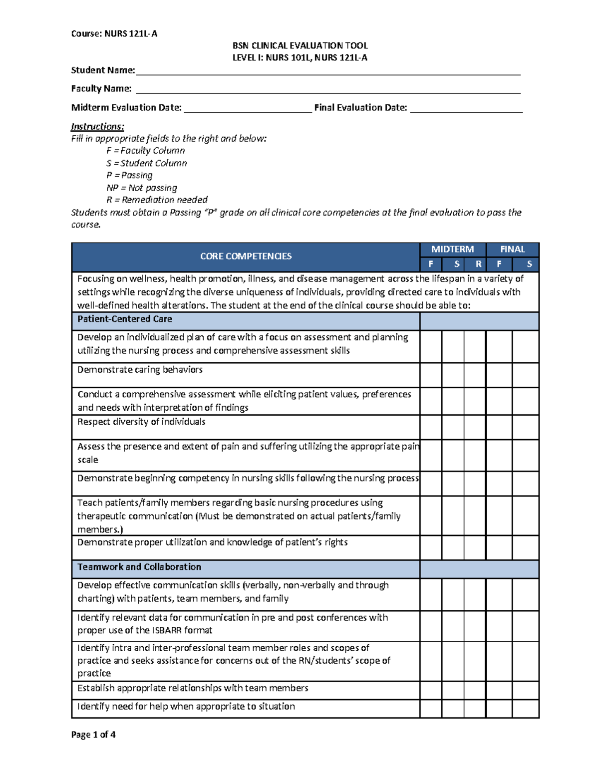 Clinical evaluation tool - BSN CLINICAL EVALUATION TOOL LEVEL I: NURS ...