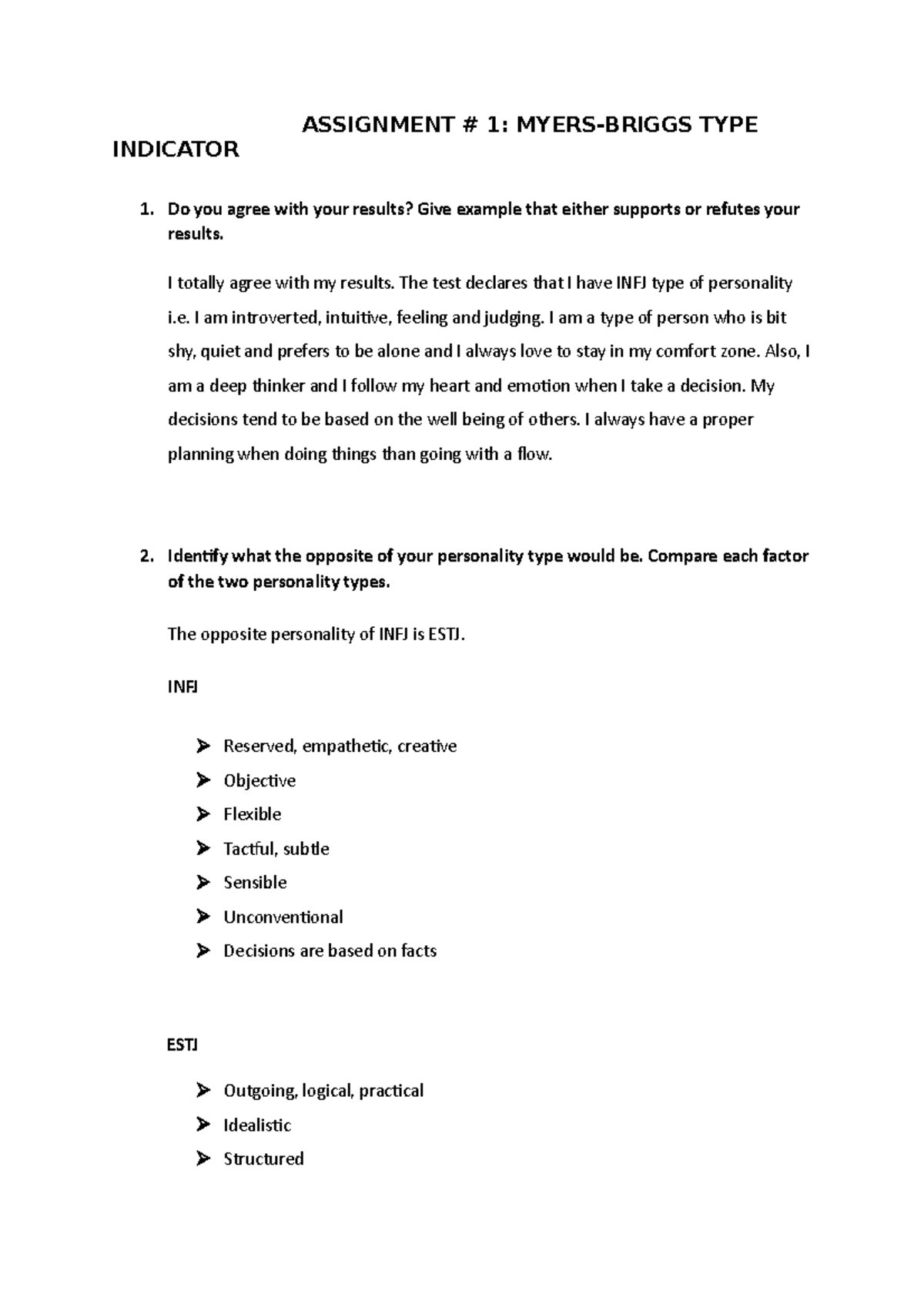 Assignment - ASSIGNMENT # 1: MYERS-BRIGGS TYPE INDICATOR 1. Do you ...