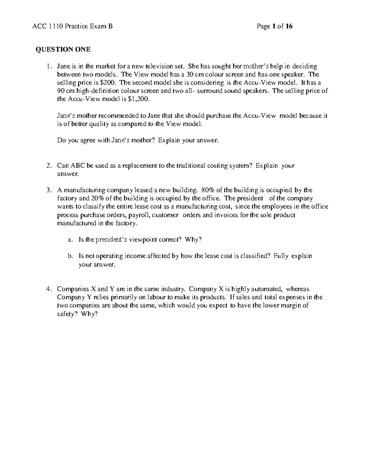 Midterm B 2018, Questions And Answers - ACC 1110 Practice Exam B Page 1 ...