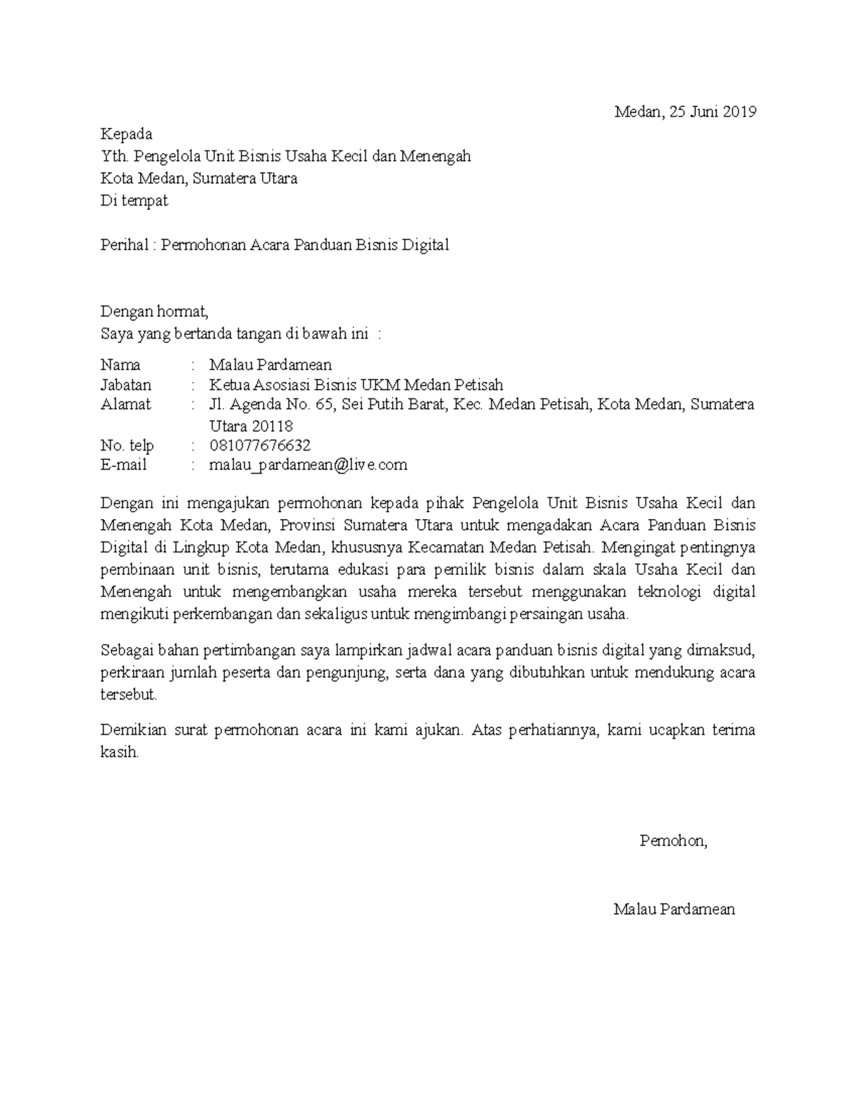 Contoh Surat Permohonan Acara Panduan Bisnis Digital - Medan, 25 Juni