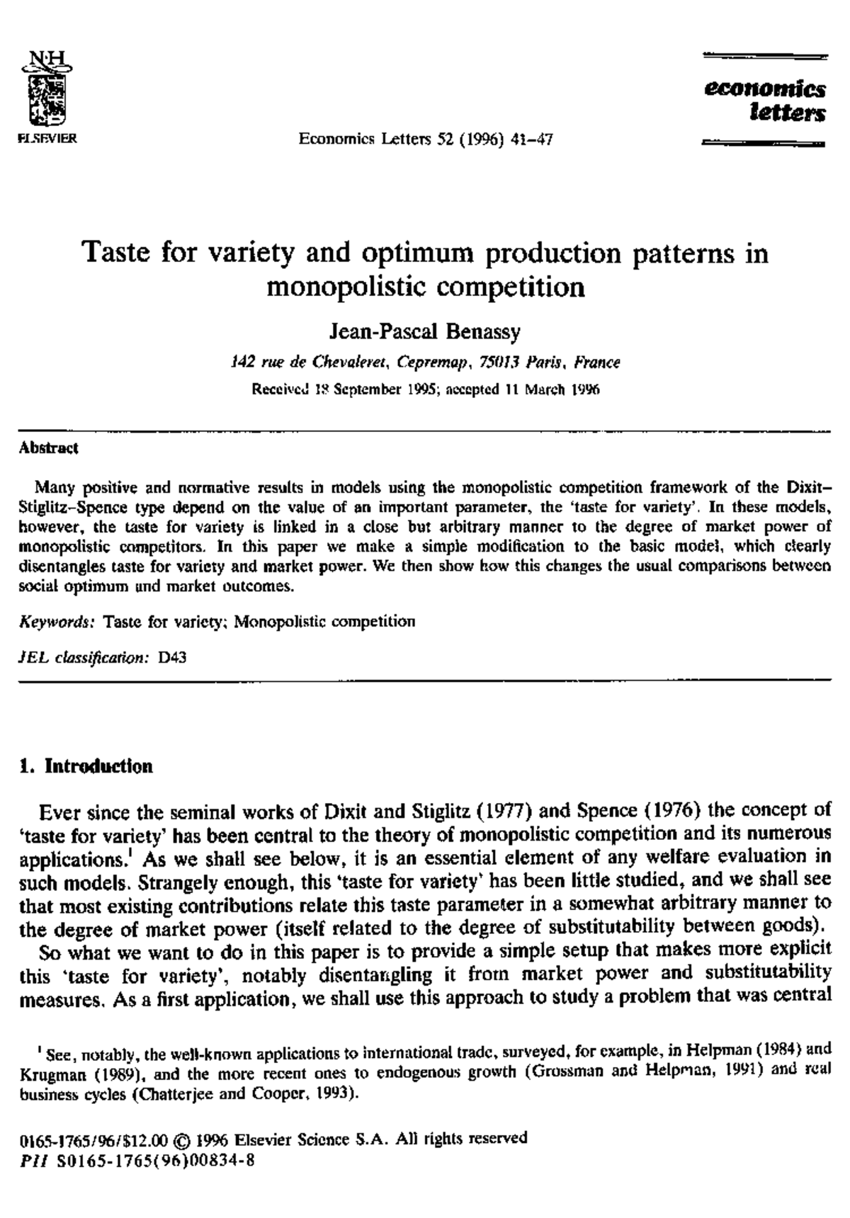 Taste for variety and optimum production patterns in monopolistic ...
