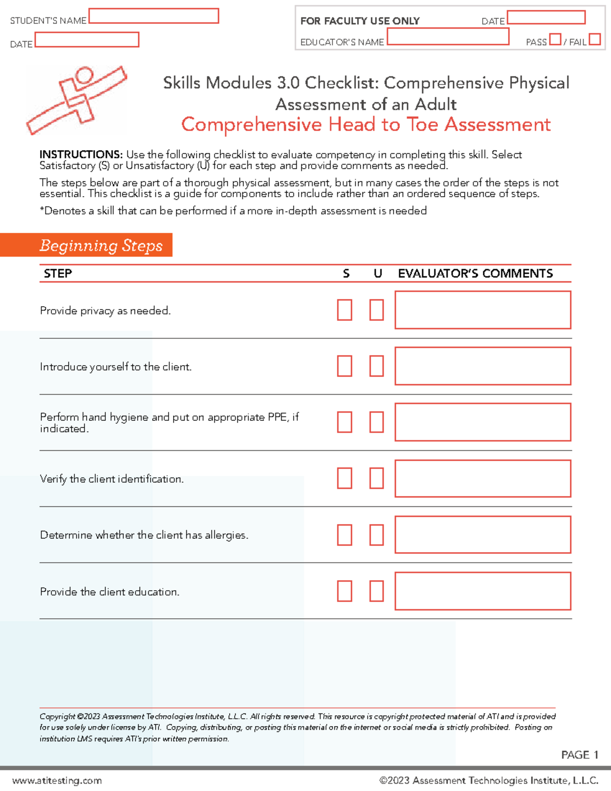 Skills Checklist:Adult Comprehensive Head to Toe Assessment - PAGE 1 ...