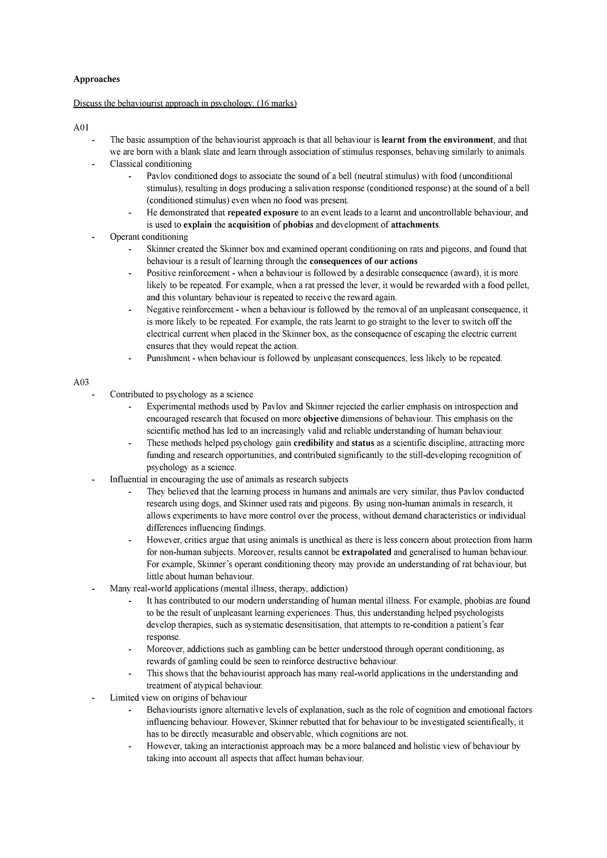 Psychology A Level paper 2 essay plans - Approaches Discuss the ...