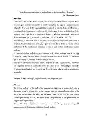 Clima organizacional en las instituciones de salud - Alejandro Noboa  Resumen La tendencia del - Studocu