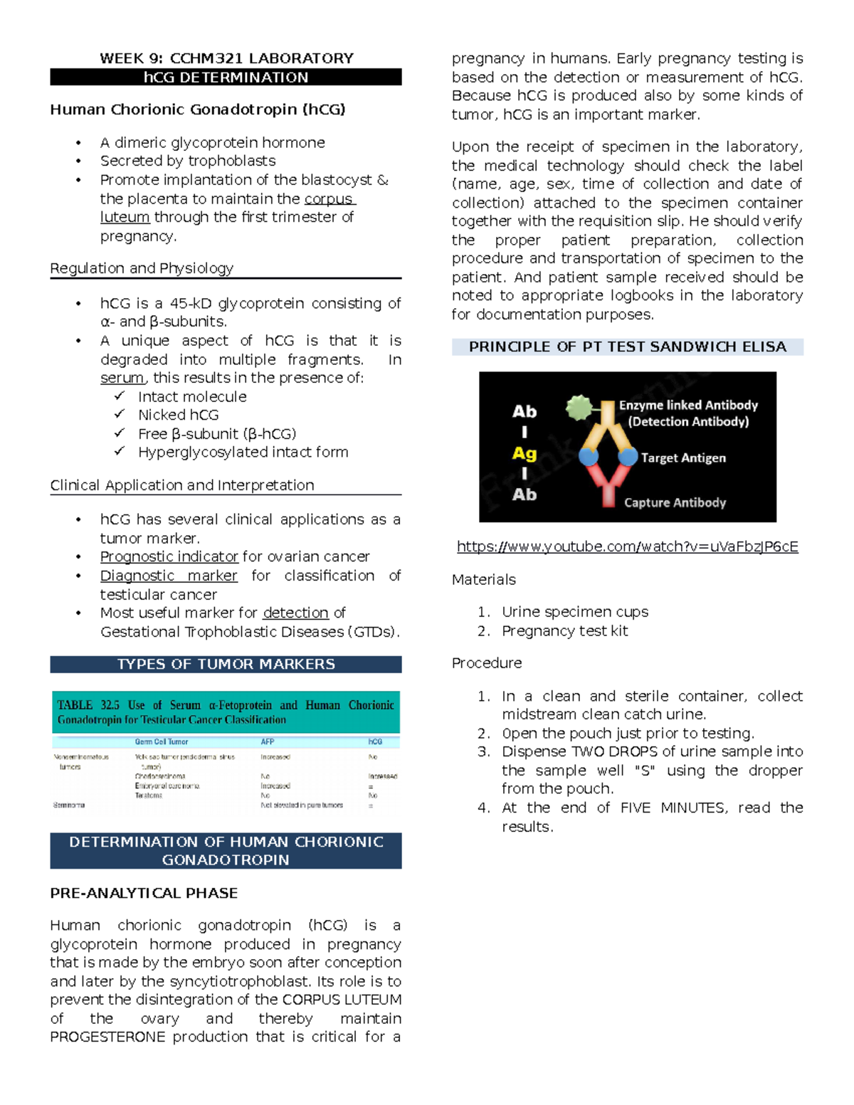 WEEK 9 CC LAB - IMPORTANT NOTES - WEEK 9: CCHM321 LABORATORY hCG ...