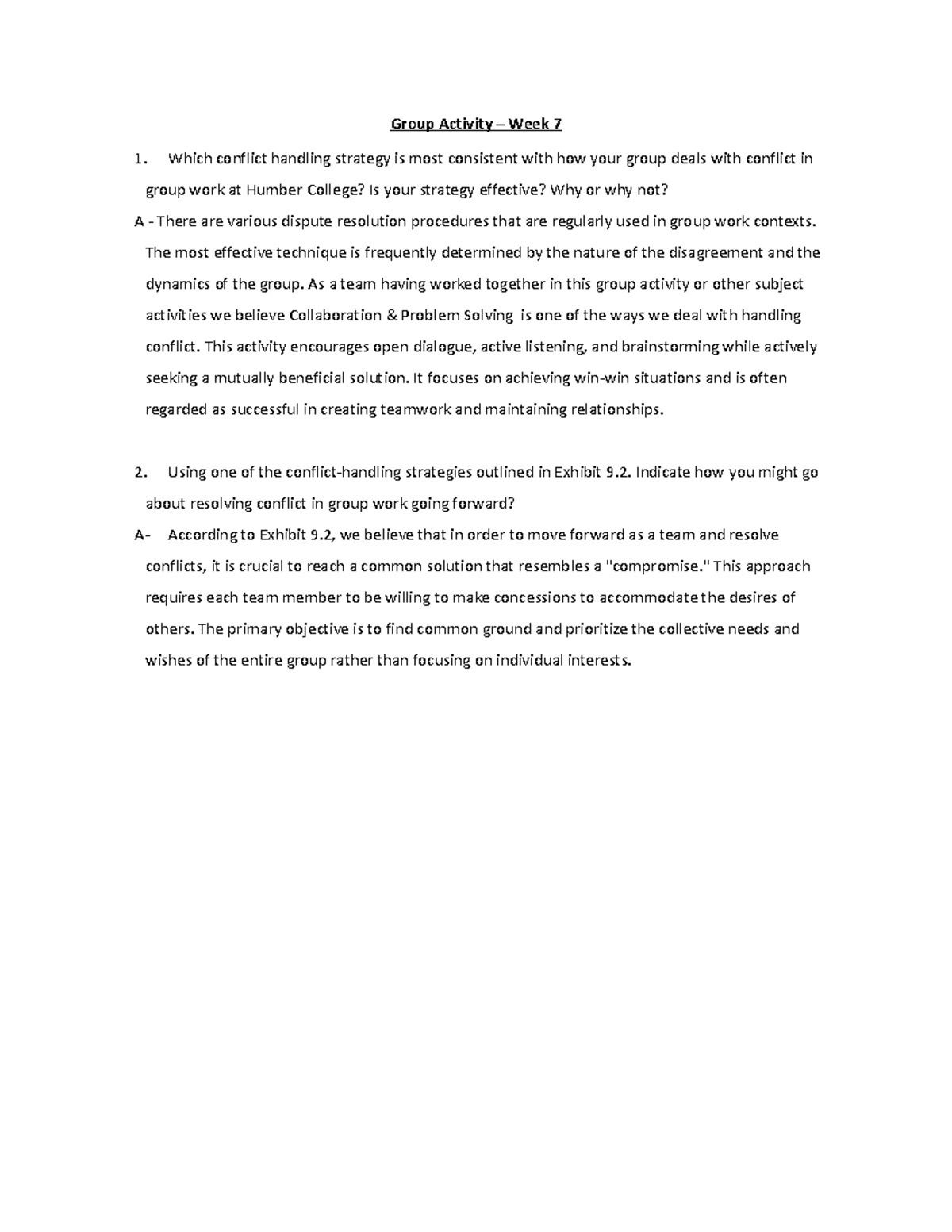 OB - Week 7 Group Activity - Group Activity – Week 7 Which conflict