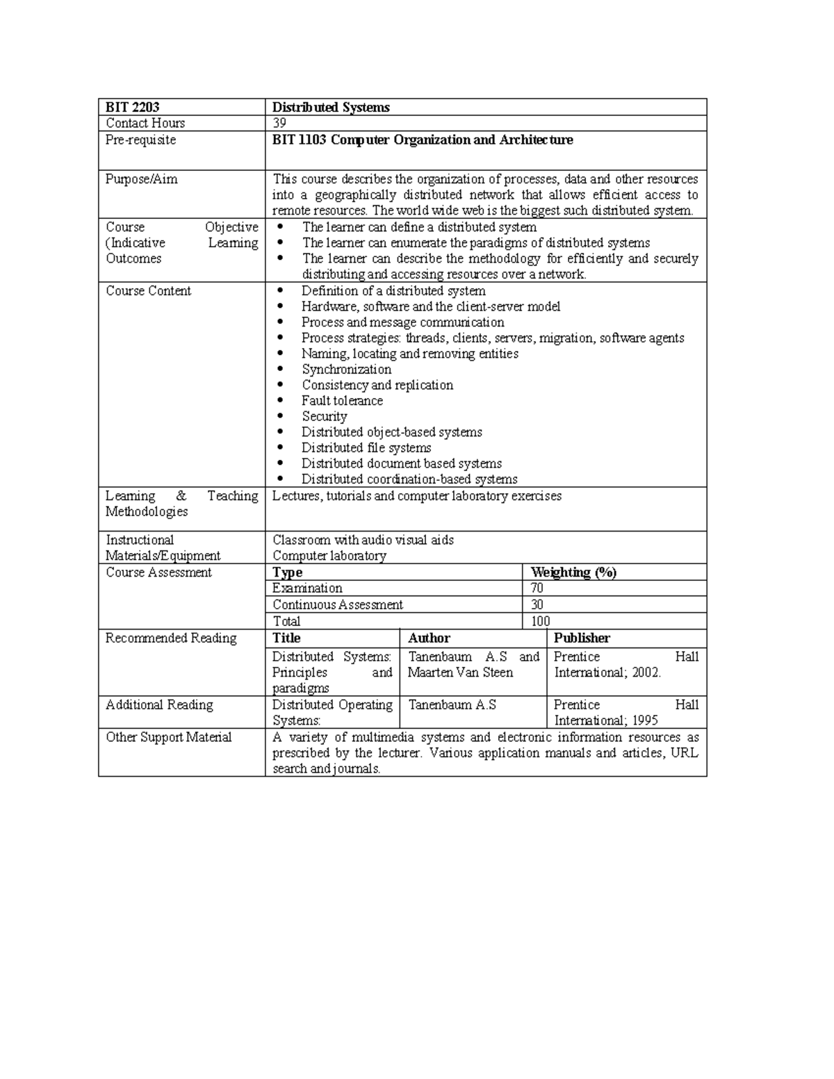 Distributed Systems - notes - BIT 2203 Distributed Systems Contact ...